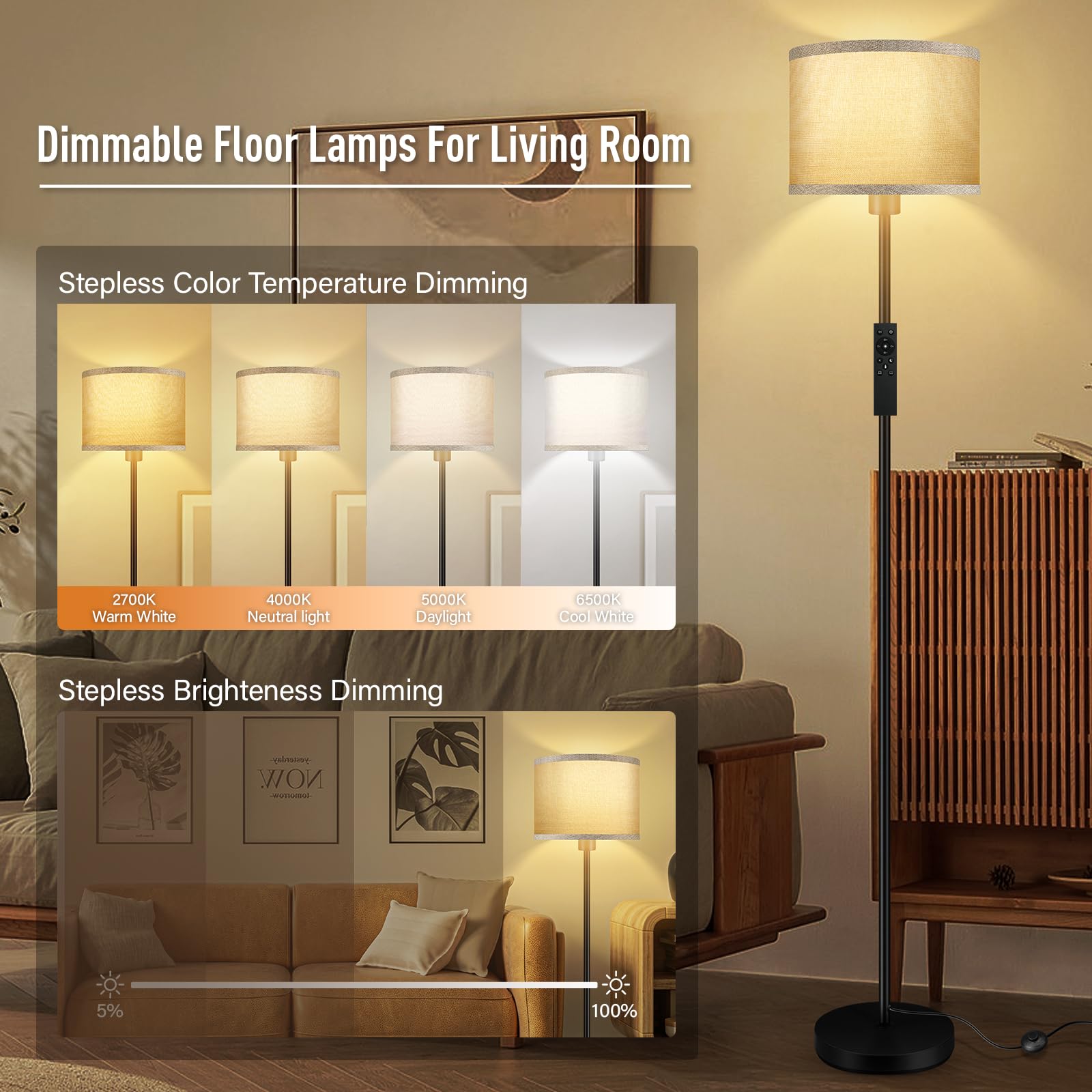 Bricosmocon Floor Lamp, Stepless Dimmable LED, 10W/1200LM, 2700K-6500K, Jute, Model B1186