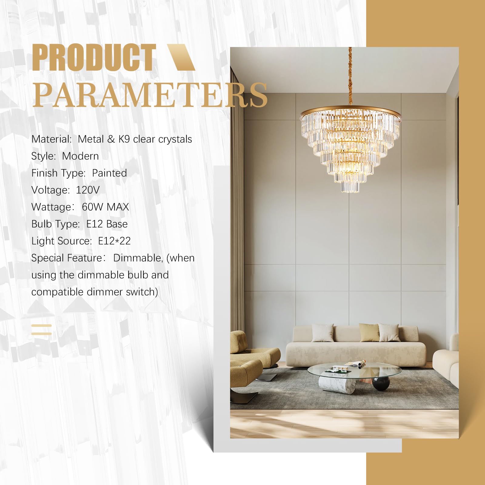 Brfaixla 7-Tiers 22 Lights Gold Crystal Chandelier stylish 35.46 Modern Contemporary Crystal Pendant Ceiling Lighting Crystals Light Fixture For Living Room Hotel Lobby Restaurant Foyer High Ceiling