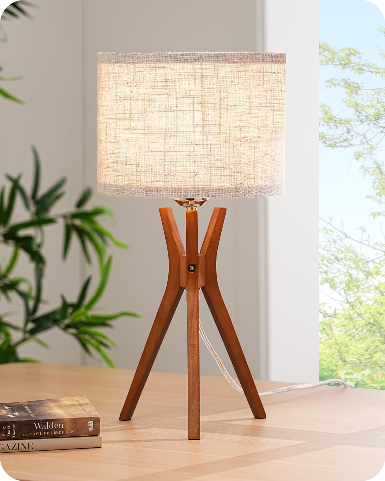 Edishine Mid Century Tripod Table Lamp - Dark Wood Base & Beige Linen Shade, 17.5&quot; Nightstand Lamp