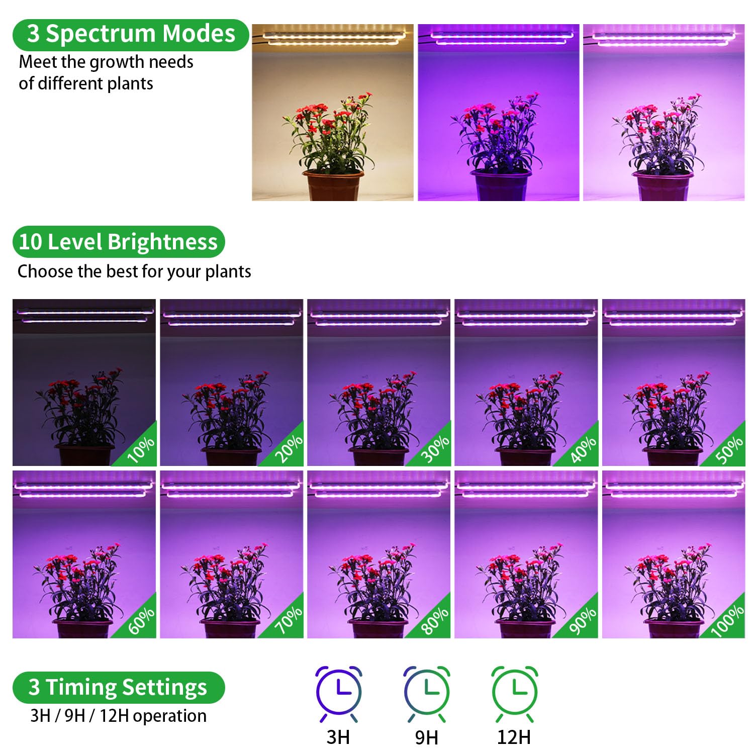 Rwntao Two Strip Growing Lamp For Indoor Plants, Red & 3000K & 6000K Full Spectrum Led Grow Light Strips With Auto On/Off 3/9/12H Timer,10 Dimmable Levels For Green House Succulent (13 In)