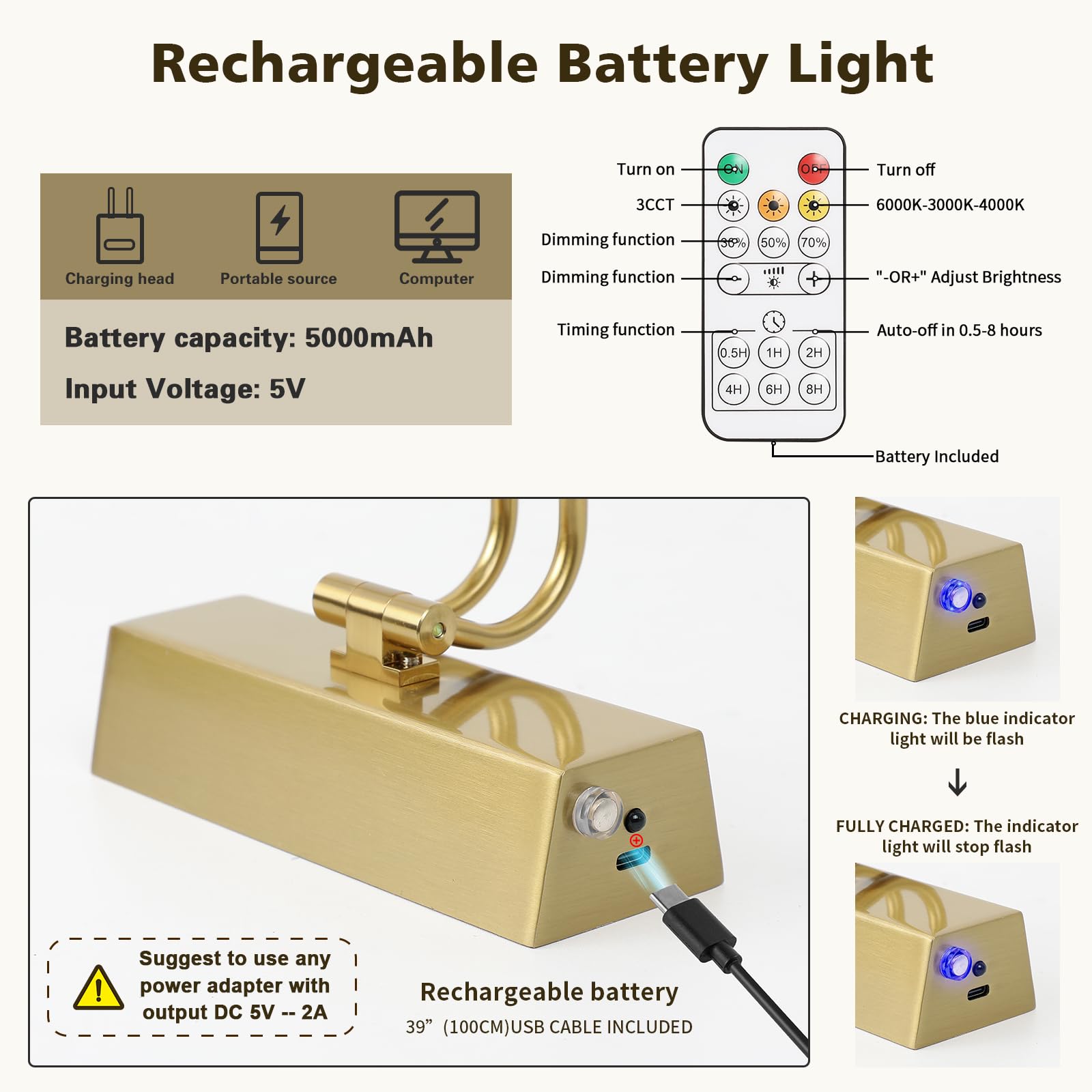 Joosenhouse Battery Operated Picture Light 5000Mah Rechargeable Wall Light 15.7'' Wireless Picture Lights For Wall With Remote C