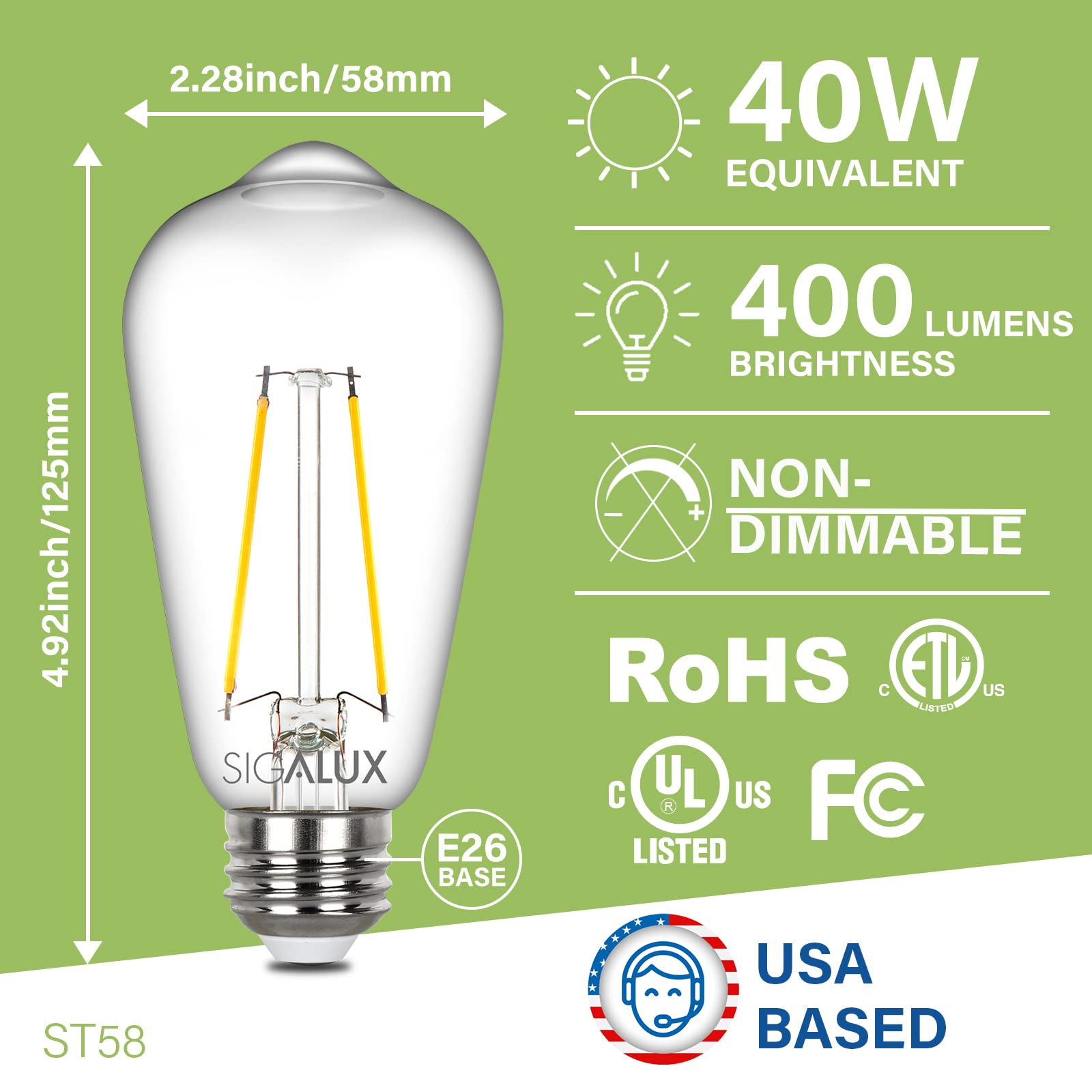 Sigalux Edison Bulbs, E26 Led Bulb St58 Filament Clear Non-Dimmable Vintage Light Bulbs 40W Equivalent 400Lm Soft White 2700K 15