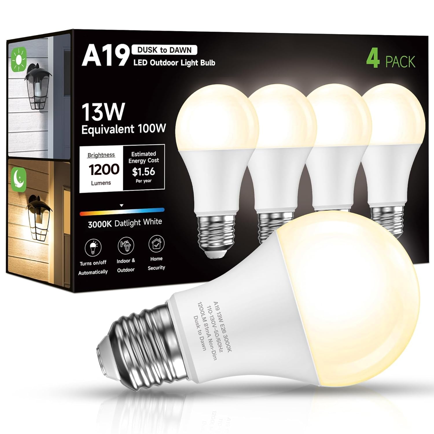Eastiya Dusk To Dawn Sensor Led Outdoor Light Bulb, Warm White 3000K, A19 13W(100 Watt Equivalent) Bright Porch Lighting, 1200Lm