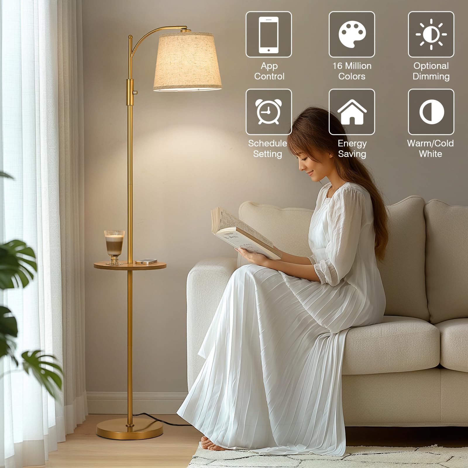 Aidenoey Smart Floor Lamp With Side Table | Stepless Dimming, Rgb Multi-Color | Adjustable Swivel Head | Voice Control With Alex