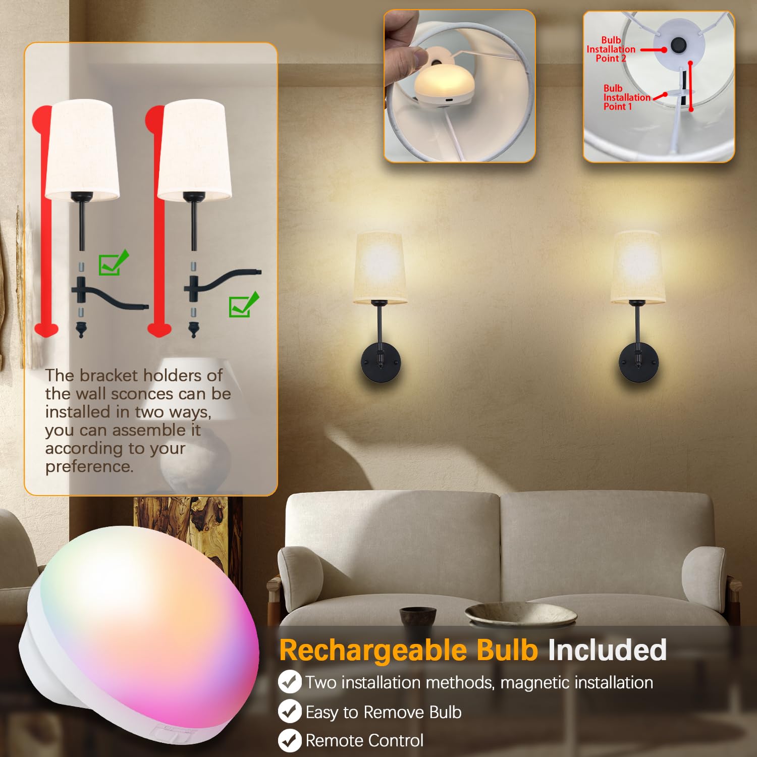 Troconce Battery Operated Wall Sconces Set Of 2, Black Rechargeable Wall Lights With 15 Rgb Dimmable Detachable Bulbs And Remote