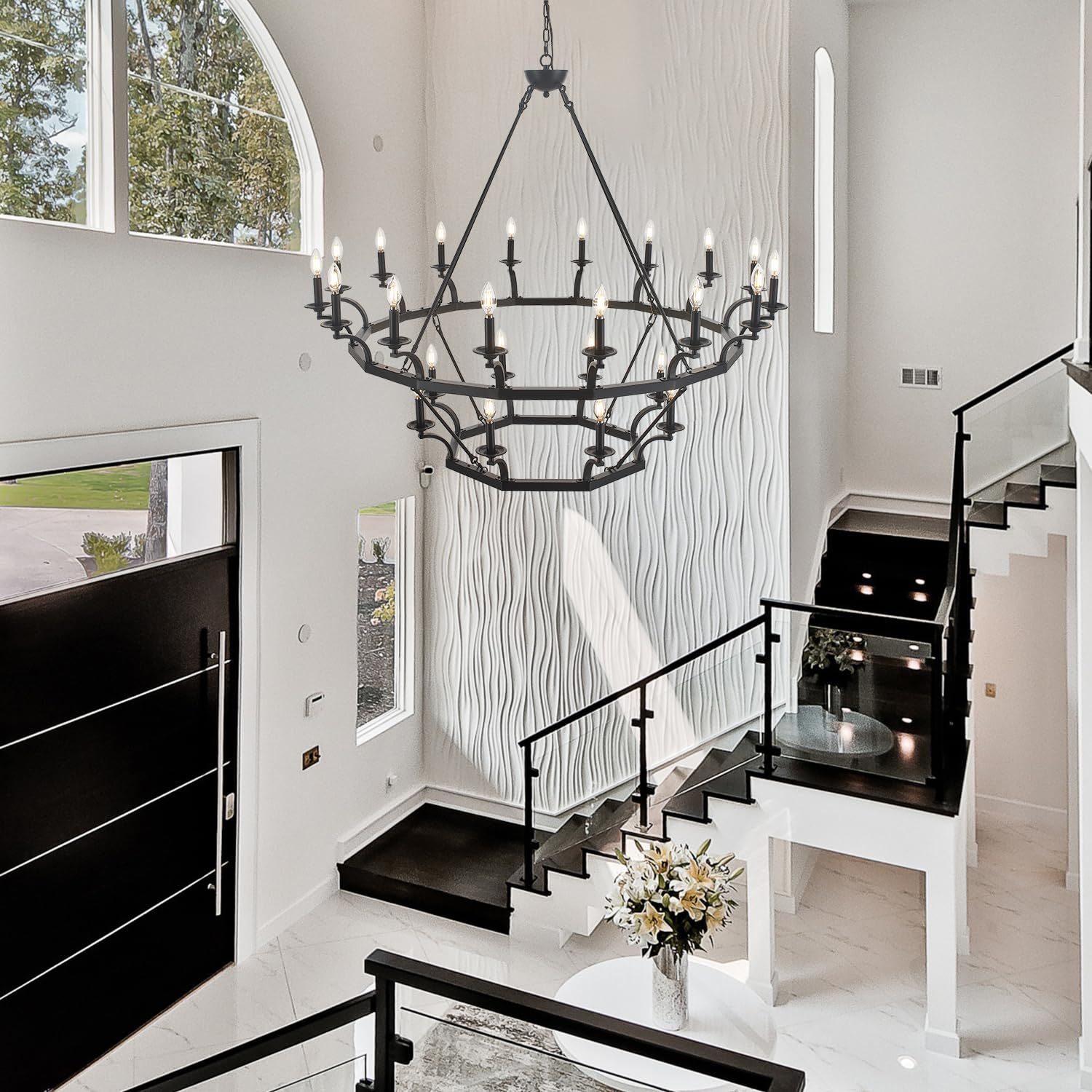 Brfaixla 2 Tiers 24 Lights Large Wagon Wheel Chandelier 52.6'' Rustic Black Metal Ceiling Pendant Light Fixture Industrial Chand