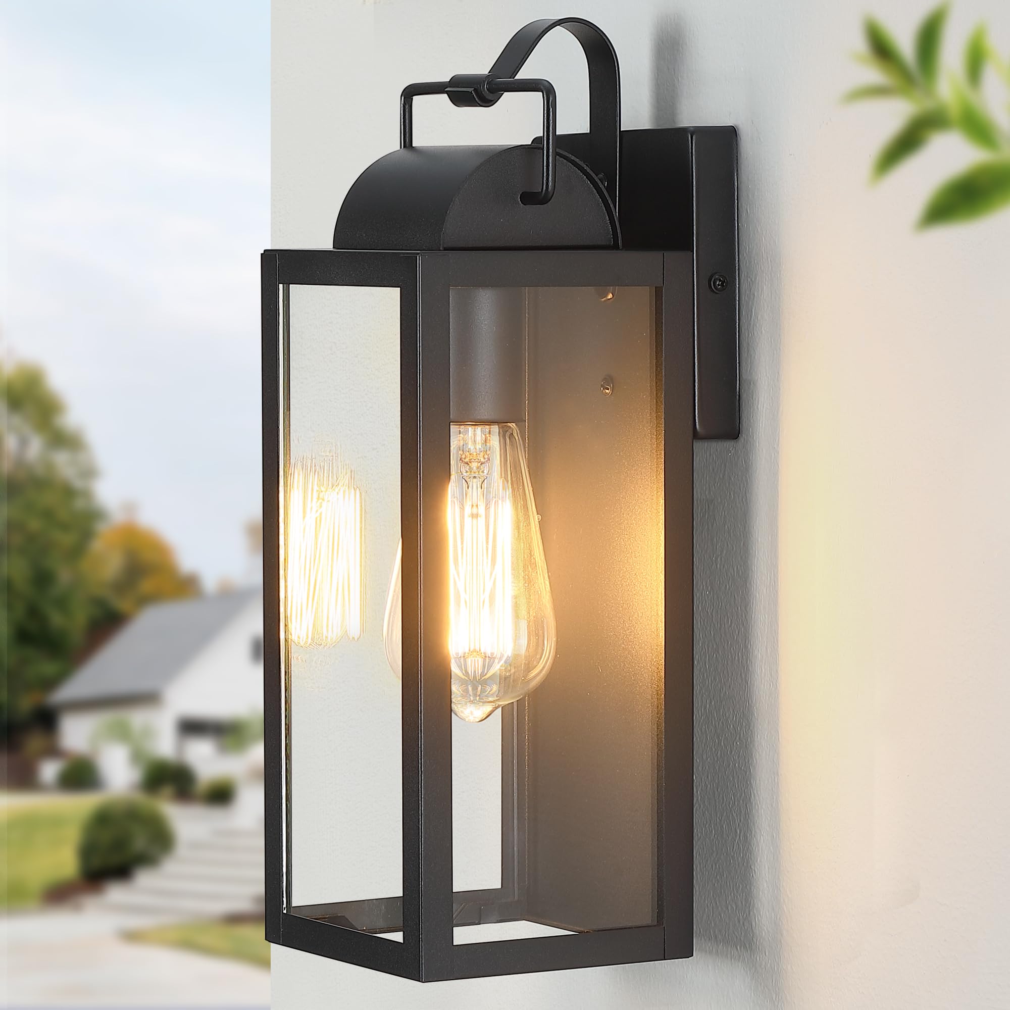 YKLITG 14'' Large Outdoor Wall Light Fixture, Sand Black Exterior Wall Lantern,Industrial Sconce with Clear Glass Shade for Hous