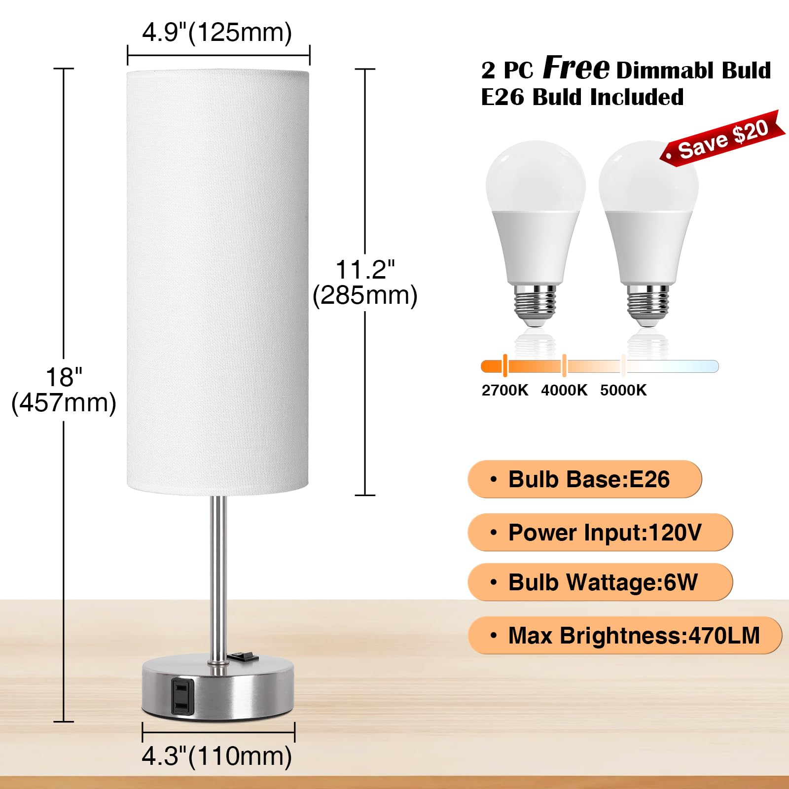 ZJOJO 2 Pack Bedside Table Lamp, 18in Dimmable with Rocker Switch, White Fabric Shade Nickel Base, Model RD-PTL6W-039