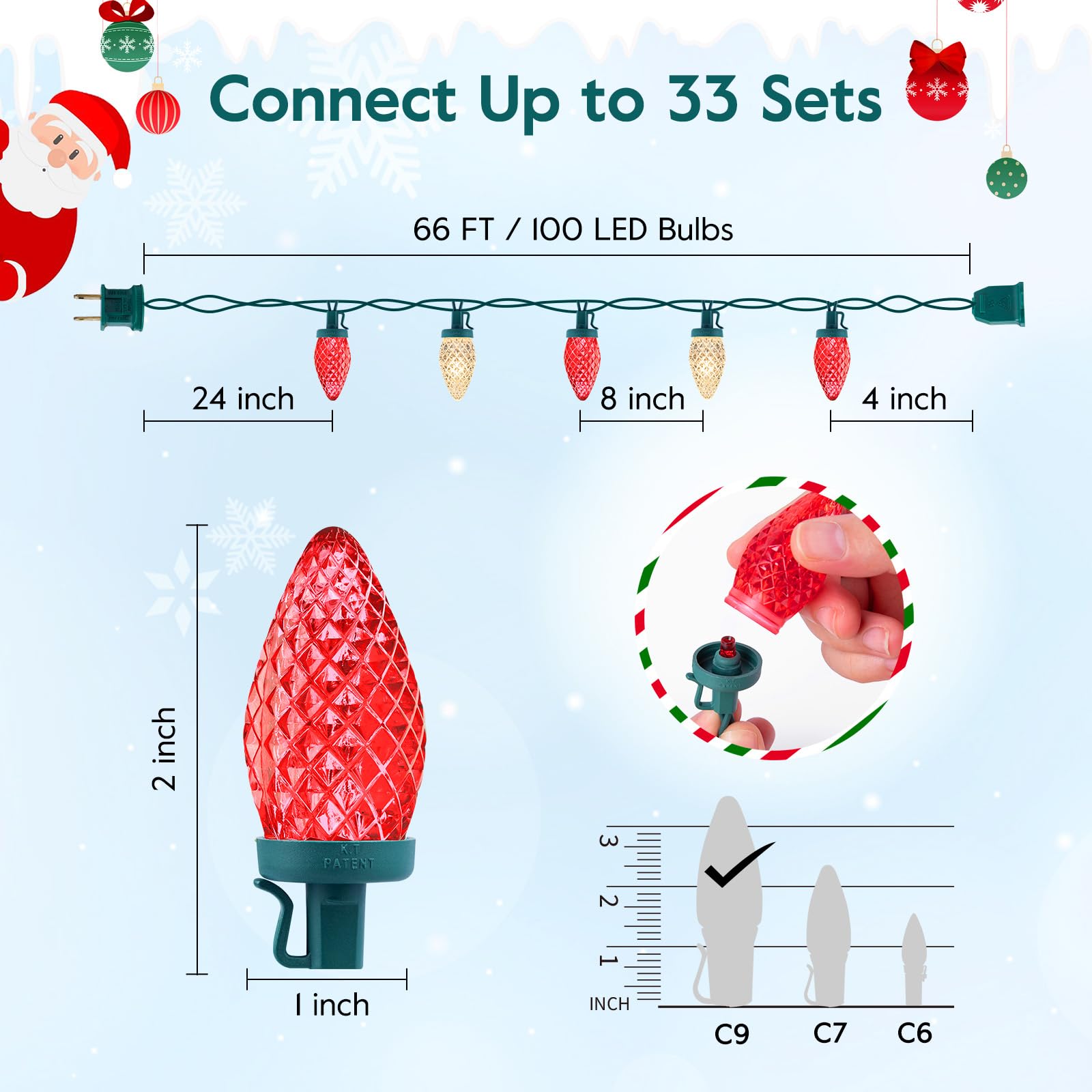 C9 Led Christmas String Lights, 66 Ft 100 Led Strawberry Roof Lights, Commercial Grade Waterproof Extendable For Indoor Outdoor