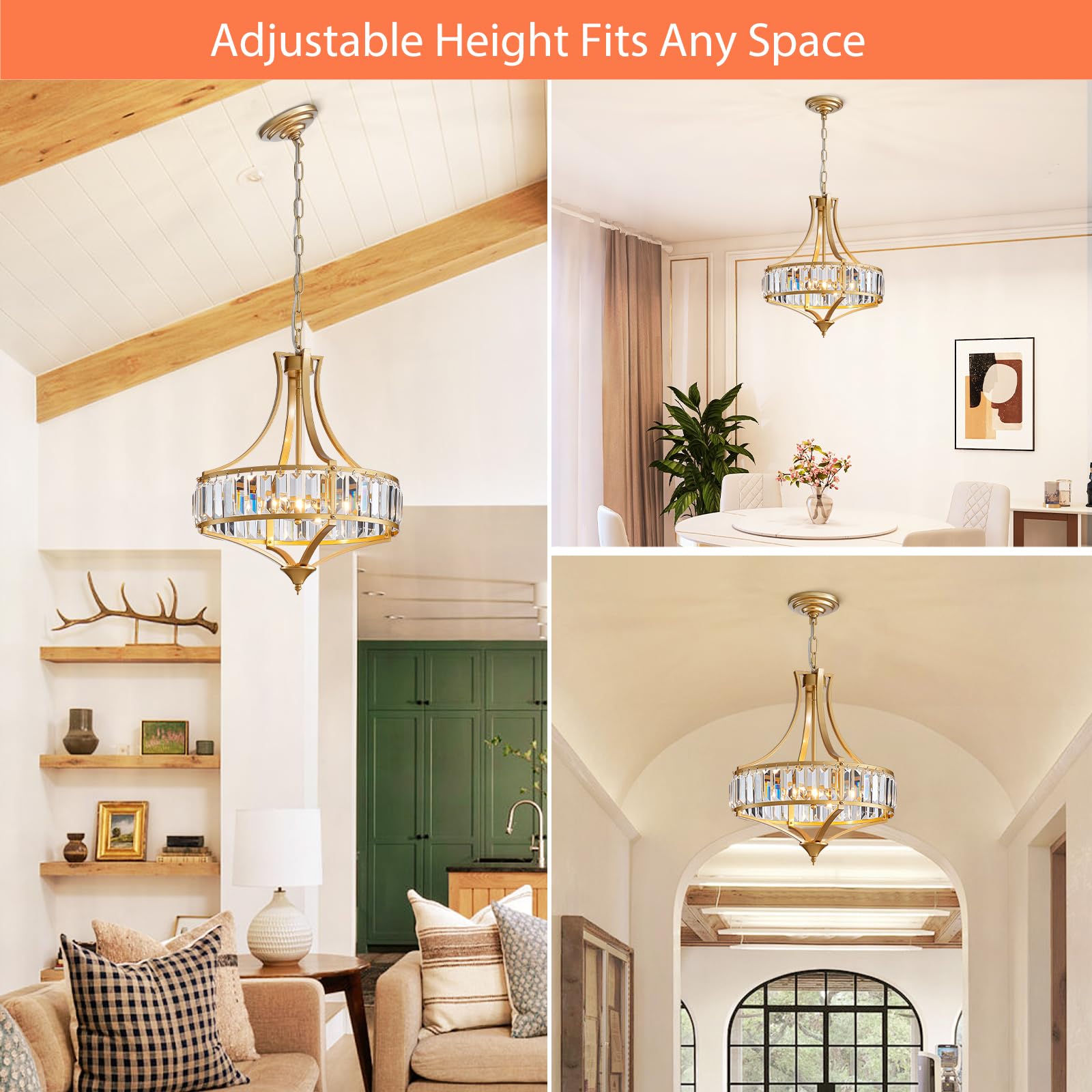 Majhoiw Modern Crystal Chandelier - 4-Light Gold Pendant for Dining Room, Rustic Design, Round Metal Lampshade, 15.7” Size