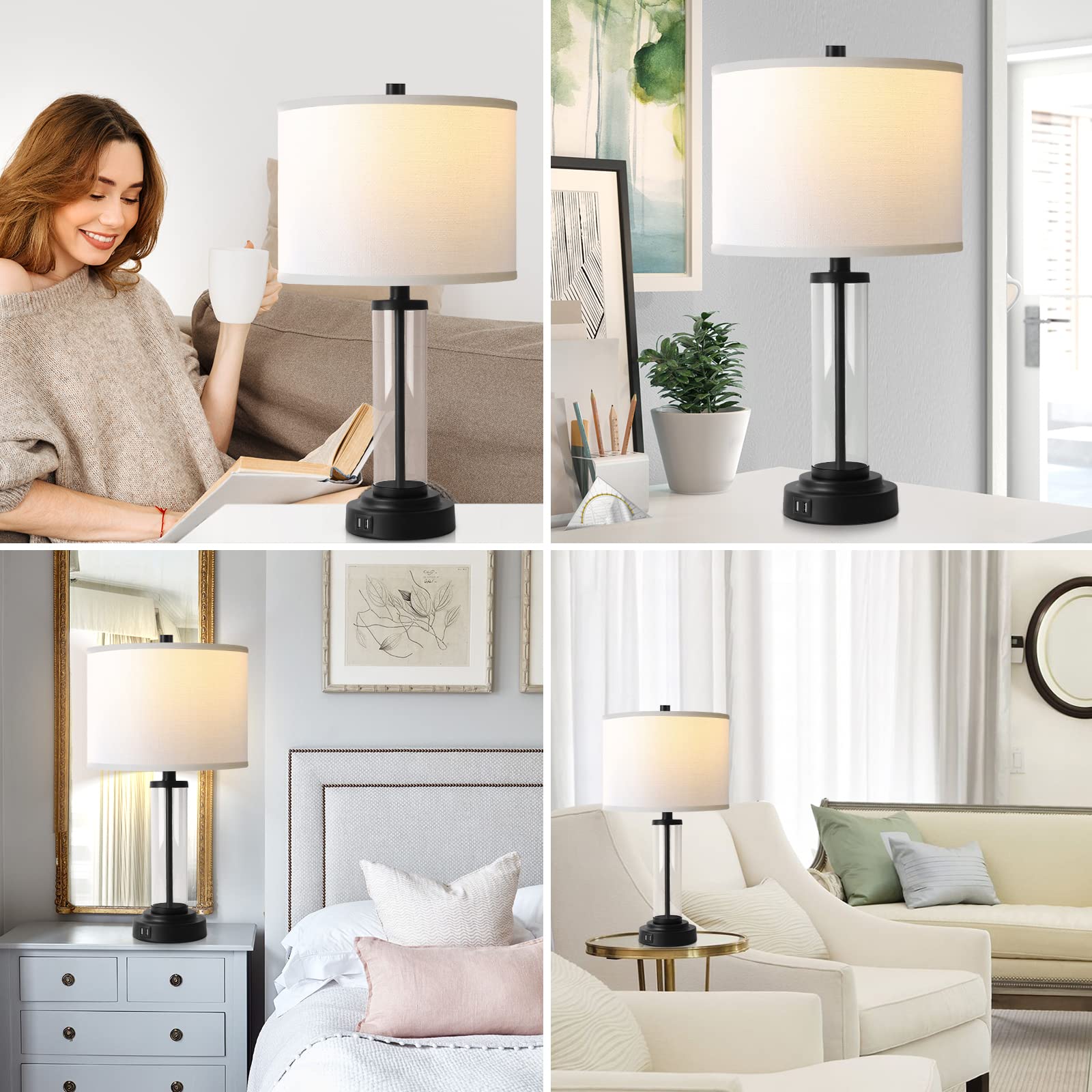 QiMH Touch Control Table Lamps Set of 2, 3-Way Dimmable, USB Ports, Modern Black Nightstand Lamps with LED Bulbs