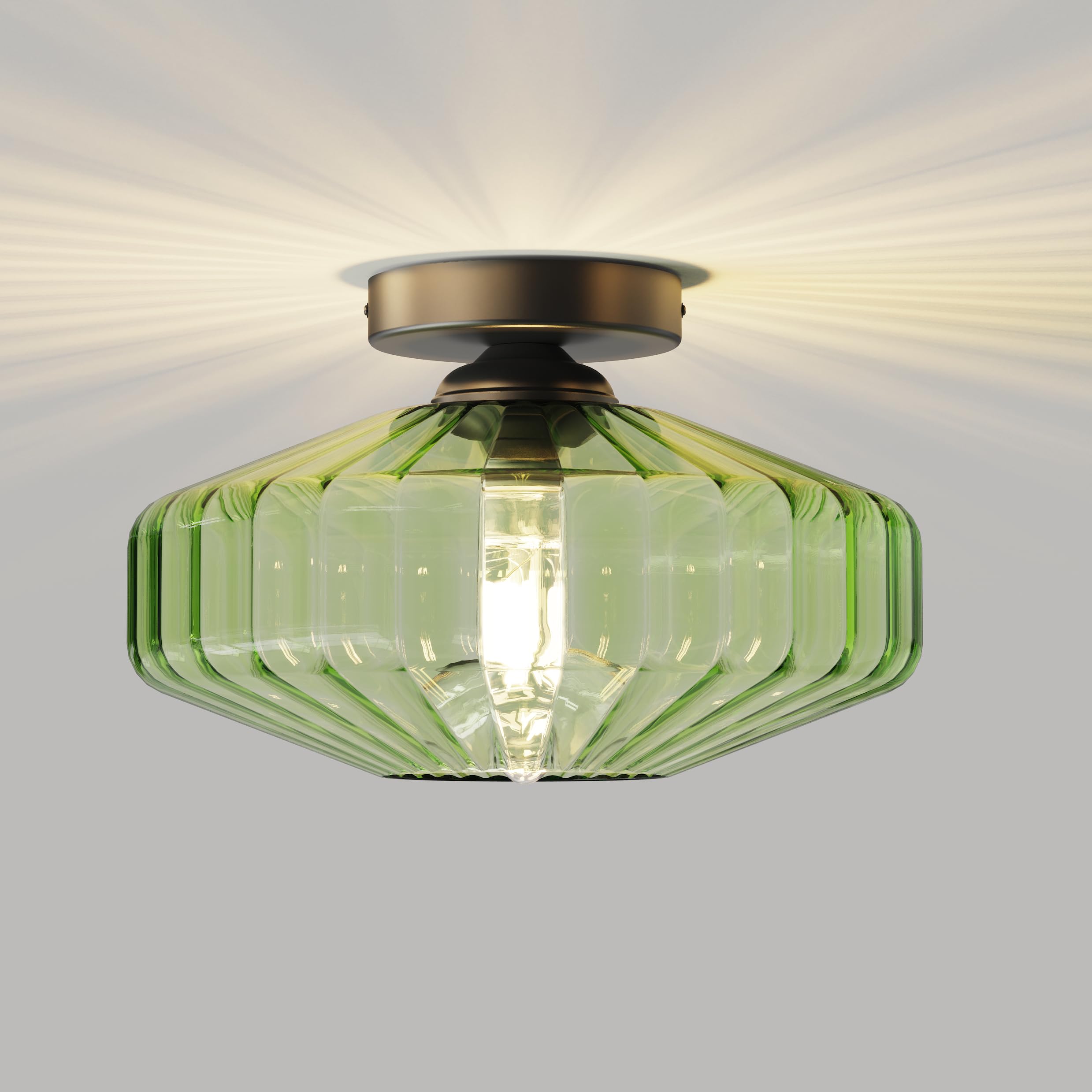 FCTWAKS Semi Flush Mount Ceiling Light, 11.8" Green Glass Shade, Mid Century Modern Design for Bedroom, Entryway, Foyer - Model XDD-DrumAmberGlass