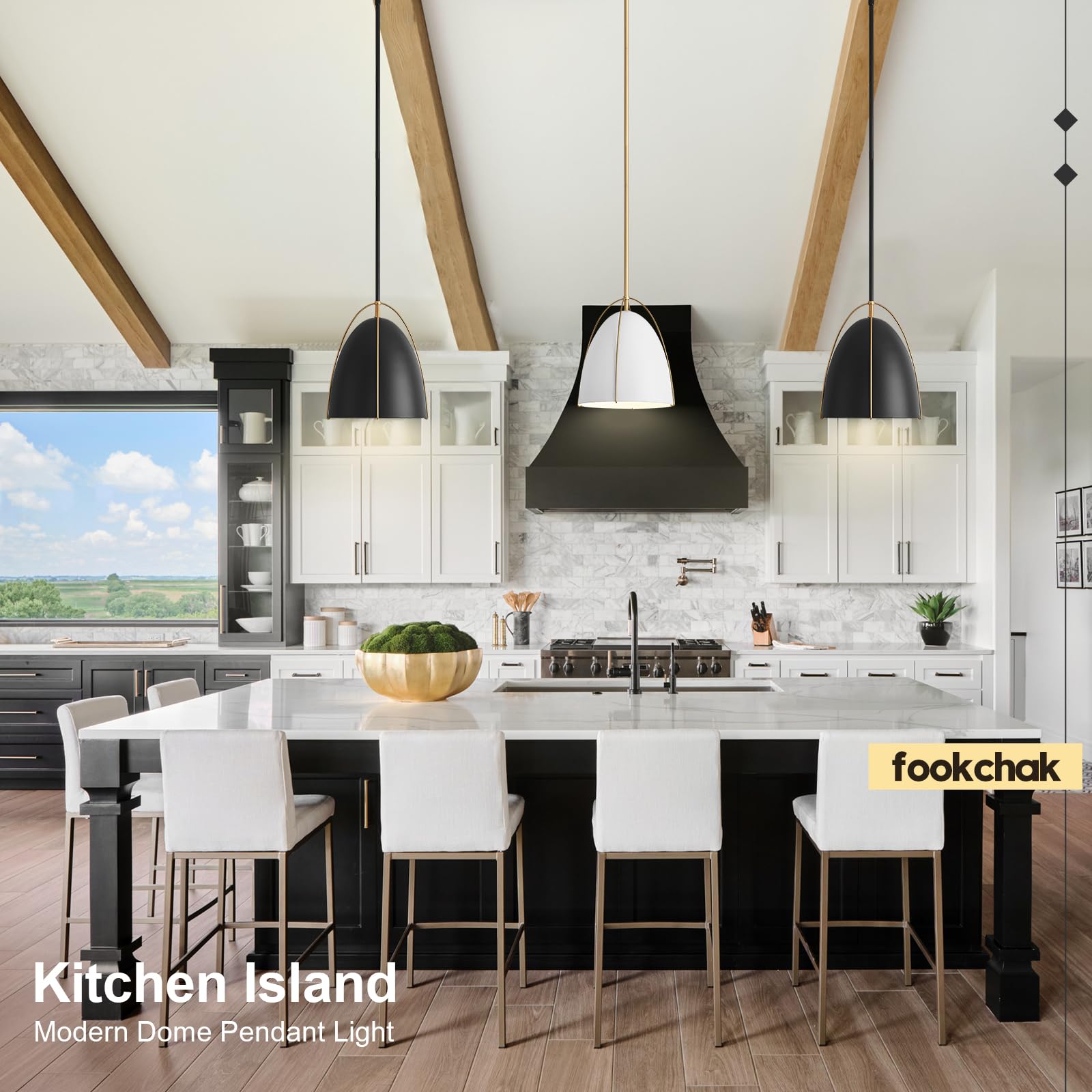 FookChak 10" Black Gold Dome Pendant Light Fixture, 1-Light Egg-Shaped Design for Kitchen Island, Dining Room, Bar - Model 21B