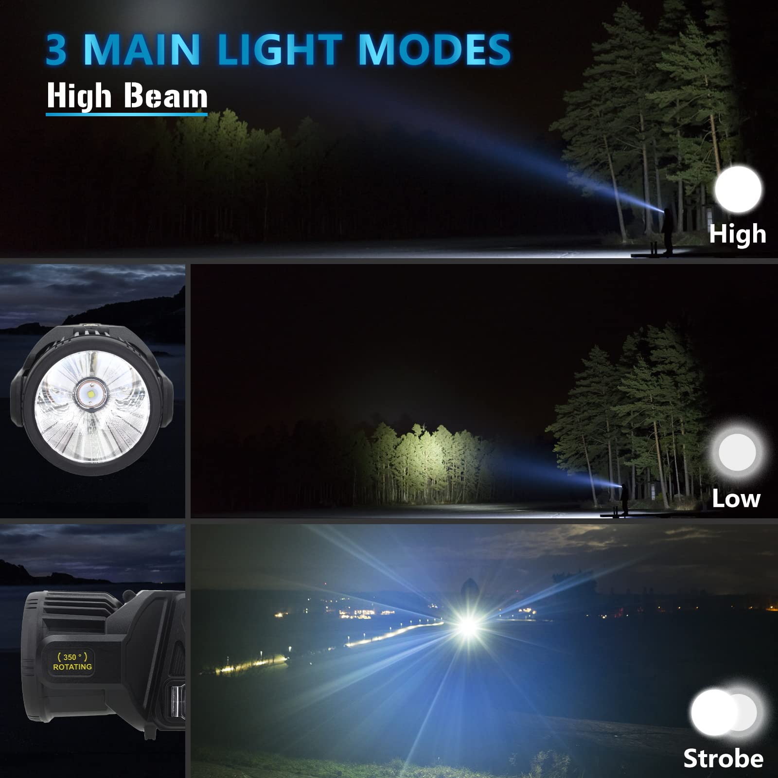 JSKNB Rechargeable 3000000 Lumens LED Spotlight, 9 Modes, Waterproof, XX-Large, Black, Model W5167