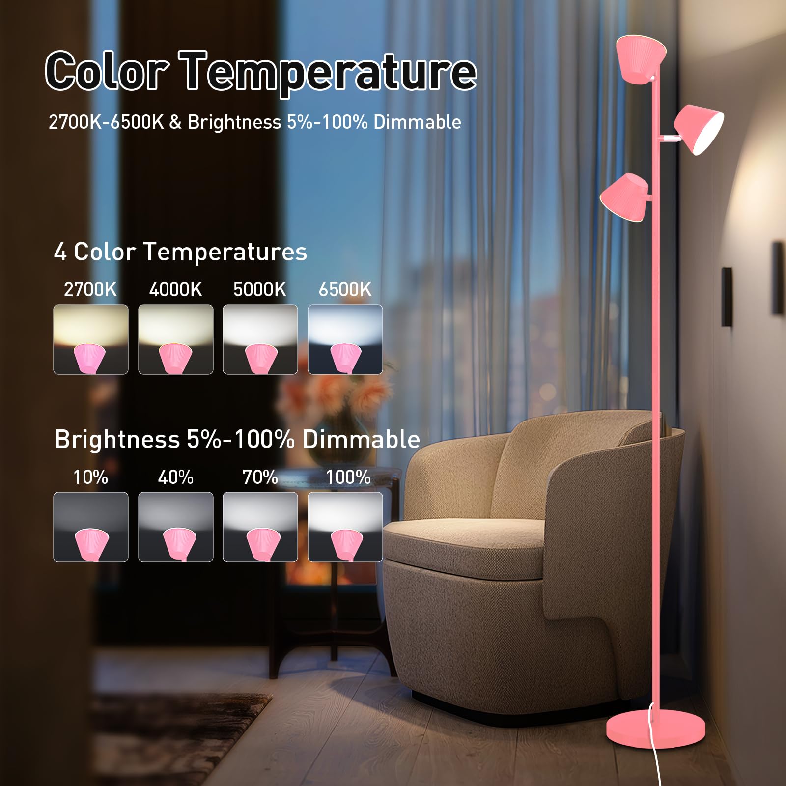 Mixinlei 42W LED Floor Lamp, 68in Modern Dimmable with Remote, 3 Rotatable Lights, 4 Color Temperatures, Pink, Model MXL-Three Light