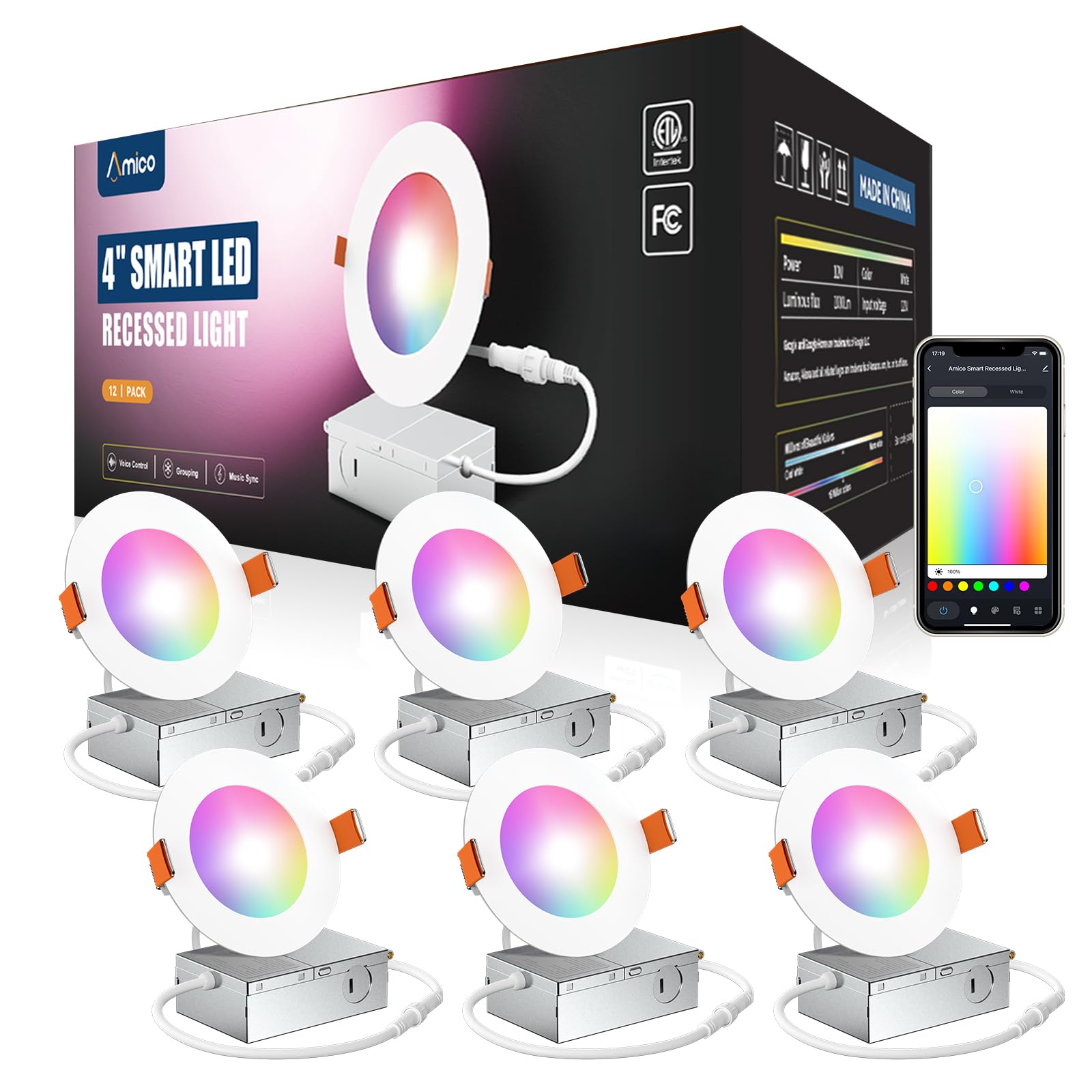 Amico 6 Pack 4 Inch Smart LED Recessed Lighting, WiFi Bluetooth Canless Downlight with Junction Box, RGB & 2700-6500K Color Chan