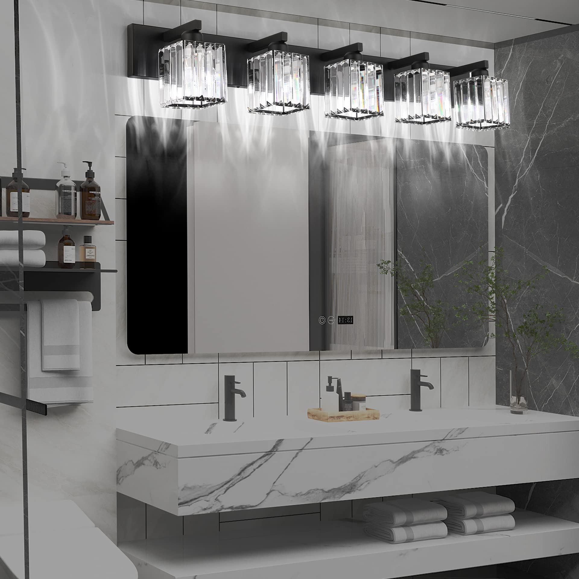Aipsun 5-Light Bathroom Vanity Light, Black Aluminum Crystal Fixtures, Model 8461