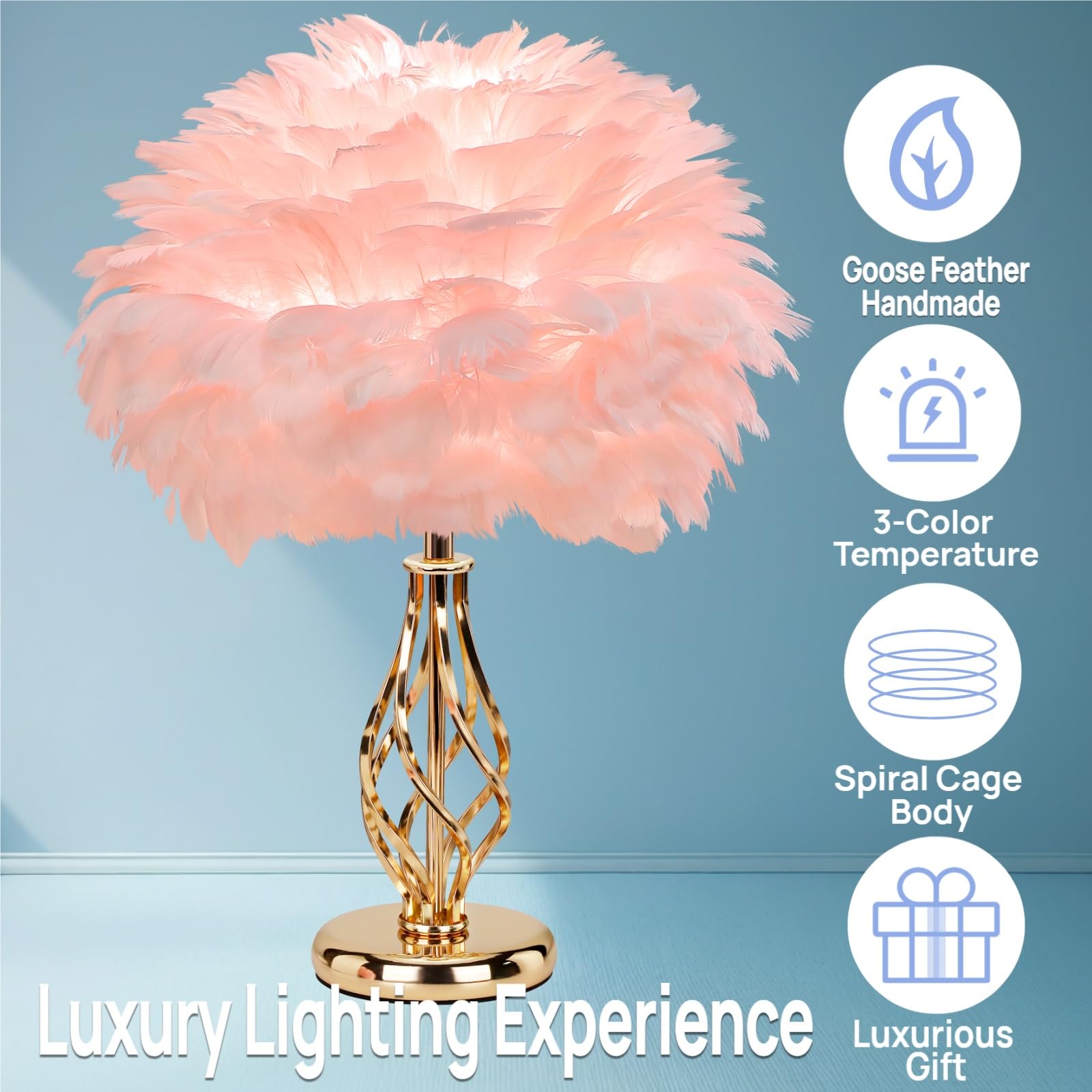 Lincwonz Feather Table Lamp With Unique Golden Spiral Cage Base - 3-Color Temperature Light, Perfect For Girls' Bedroom Bedside