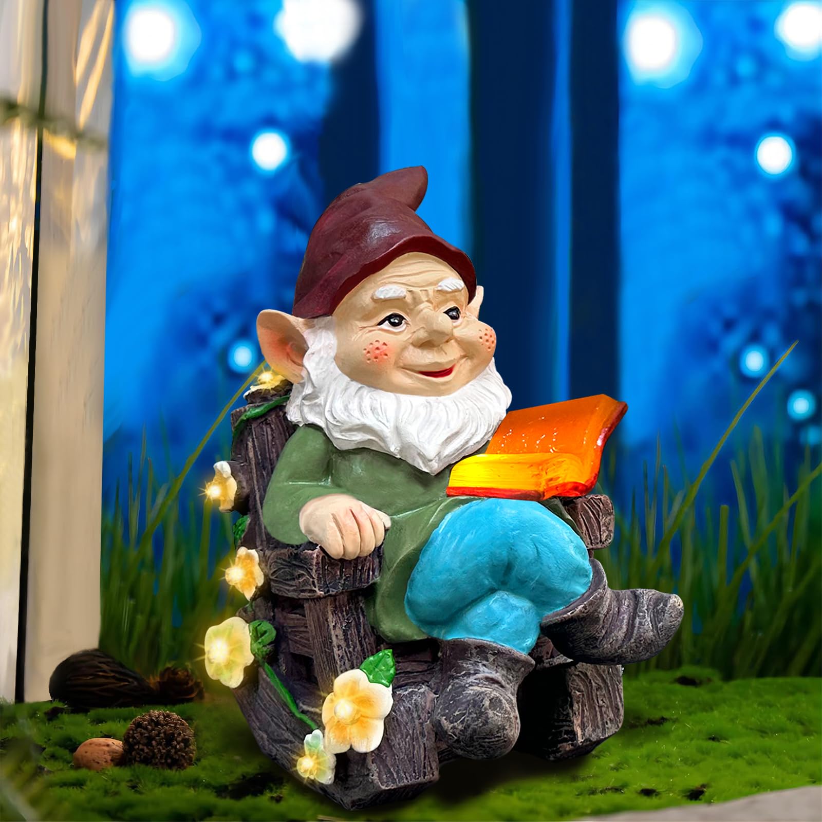 Solar Garden Gnome Statues Outdoor  Fairy Rocking Chair Gnomes Reading Book Succulents Figurines Lights Yard Art Sculpture Home Decor for Outside Patio Balcony Lawn  Unique Loved One Gifts for Mom