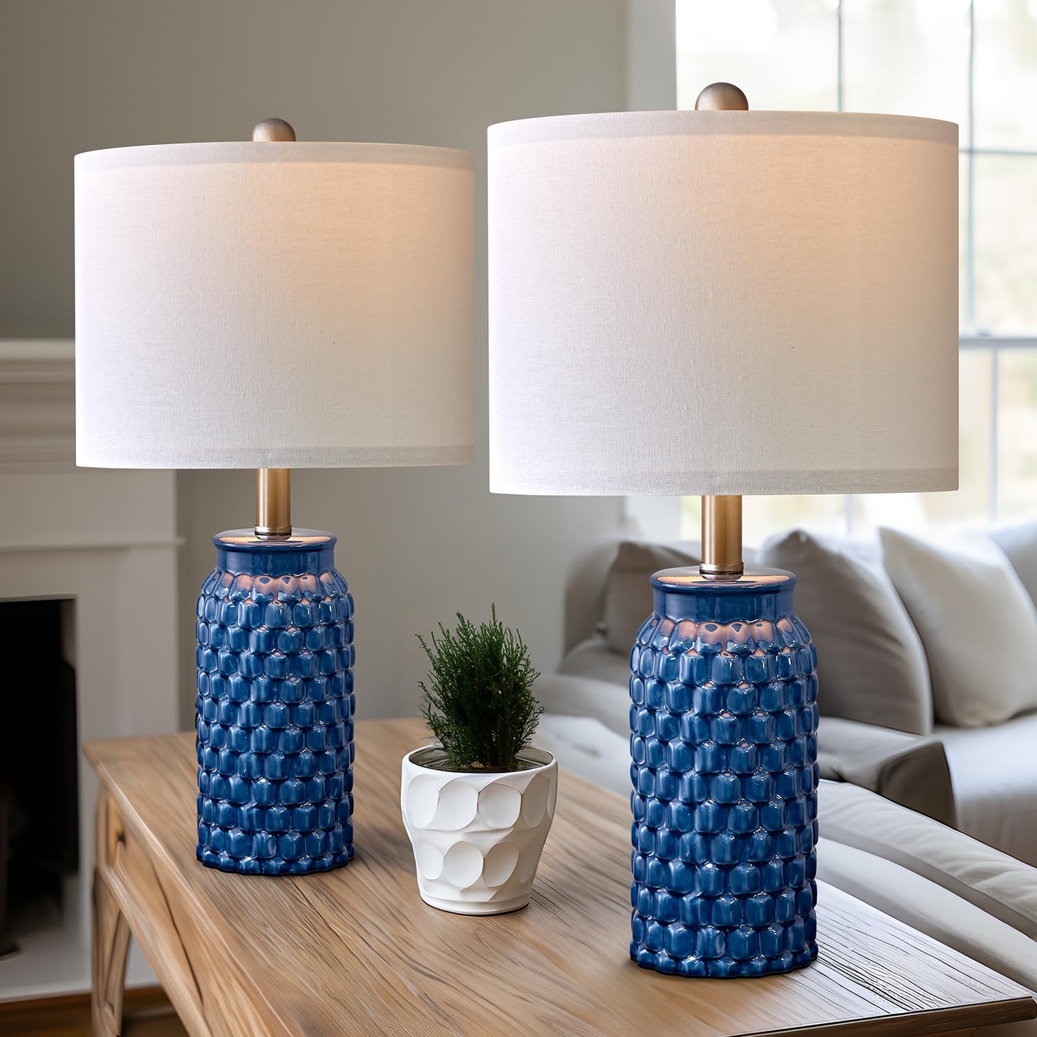 USumkky Ceramic Bedside Lamp Set of 2, 20.5" Dark Blue, Modern Farmhouse Decor, Model 1092