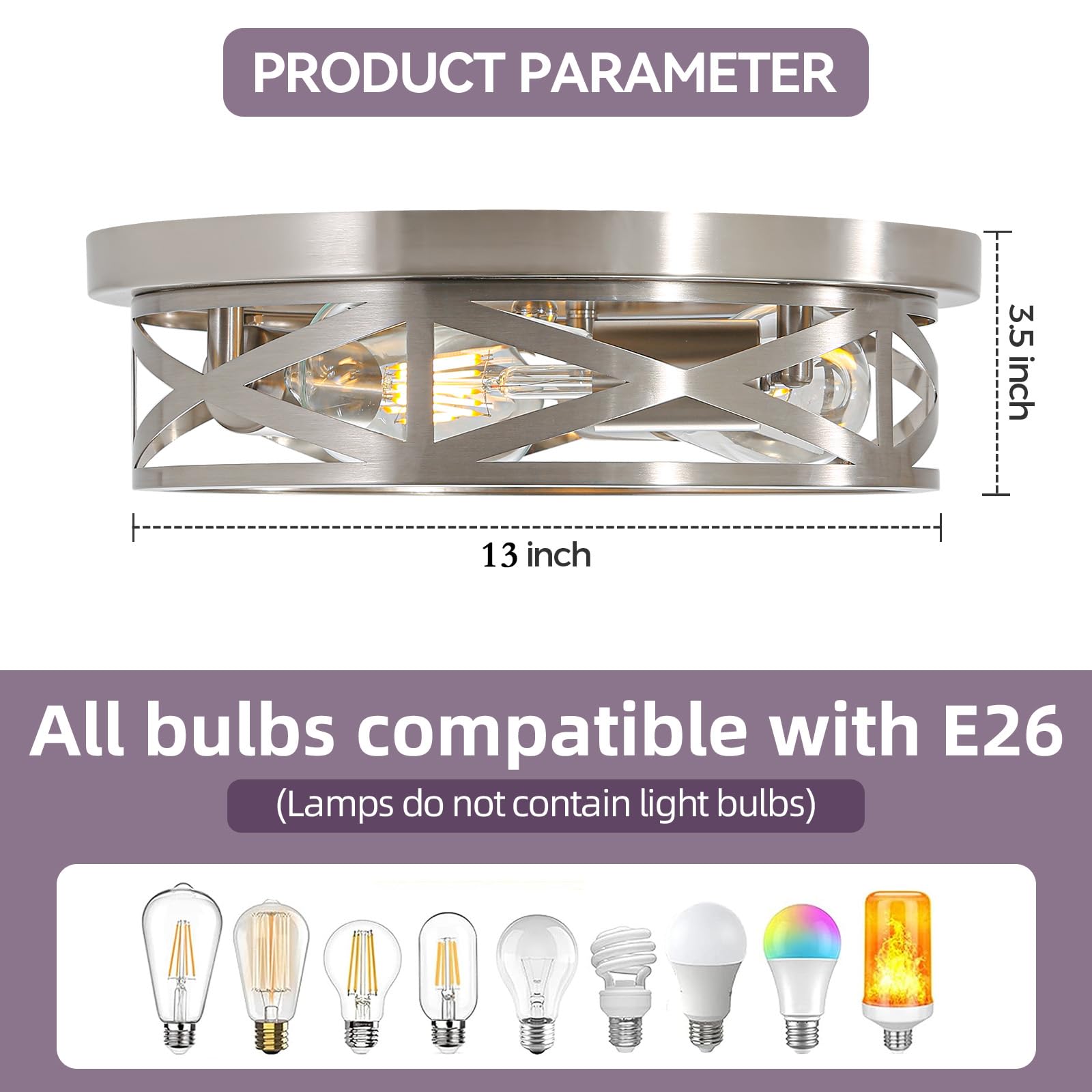 13 Inch Brushed Nickel Flush Mount Ceiling Light Fixtures,3-Light Industrial Farmhouse Ceiling Light Fixture,Brushed Nickel Ligh