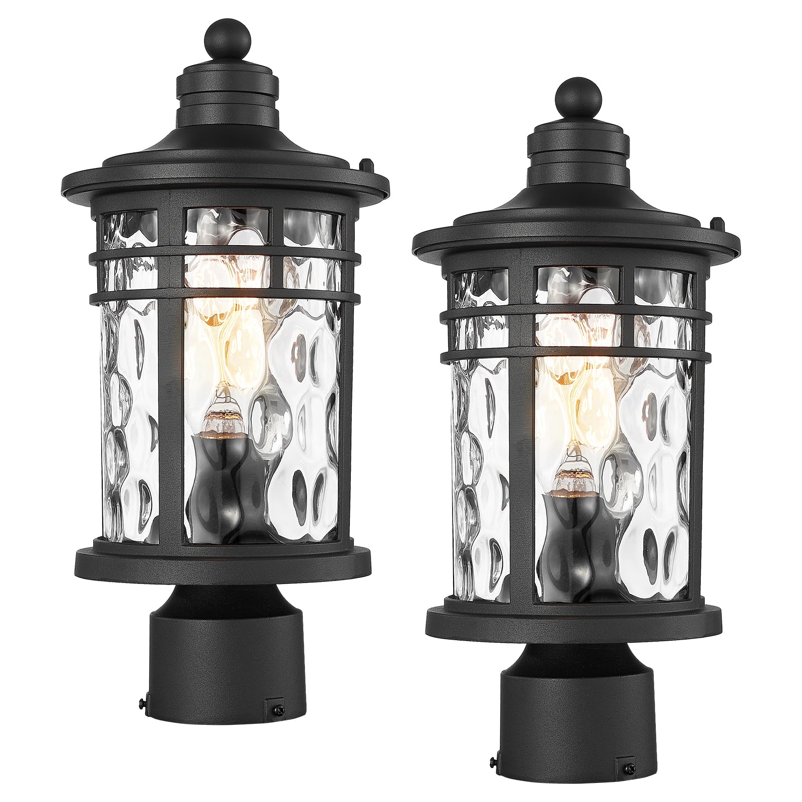 Darkaway Outdoor Post Lights, Aluminum, Water Ripple Glass, Medium 2-Pack, Black, Model 6X20P-2PK BK+WG