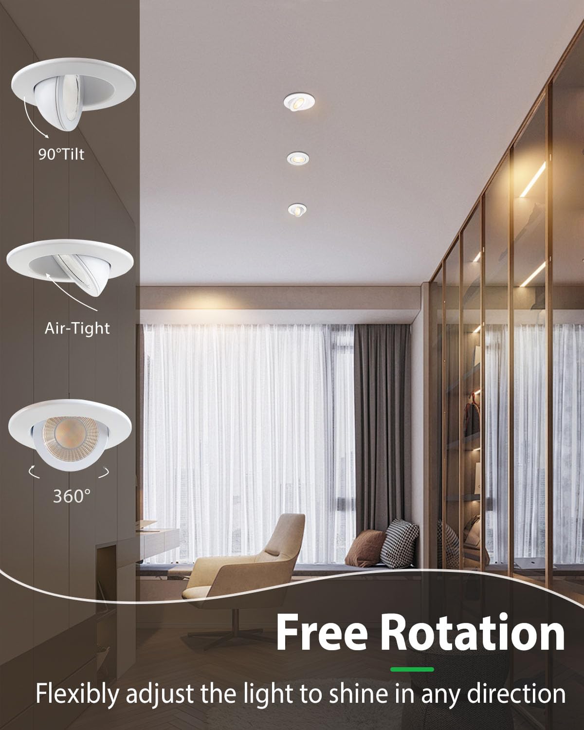 zouzai 3 Inch Gimbal LED Recessed Lighting, 5CCT Selectable, 798LM, Metal, White, Model LBT-3"360°G-07,