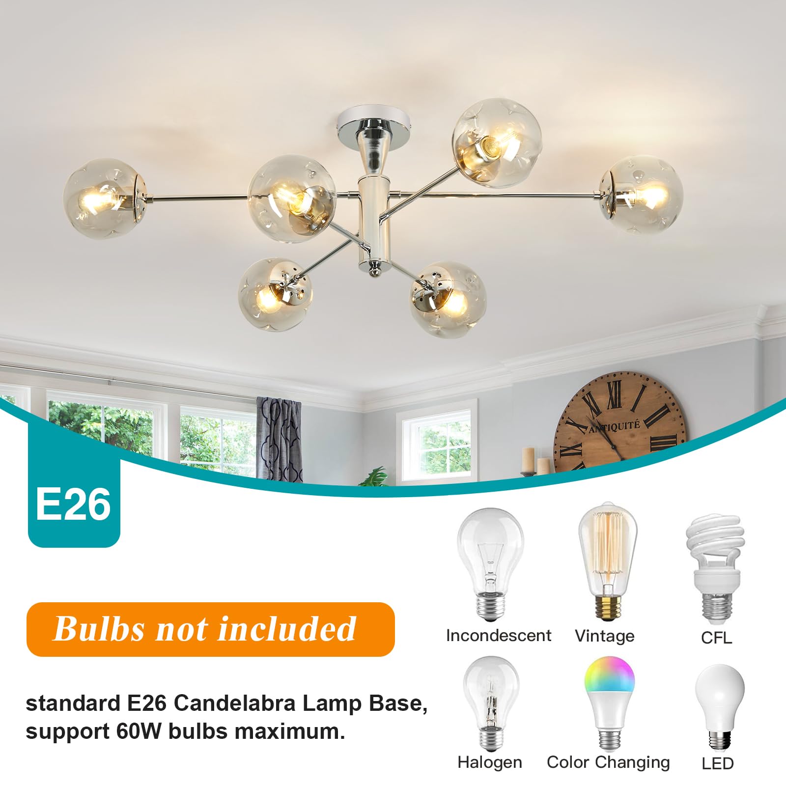 Hesoge Modern Sputnik Ceiling Lights 6 Light Semi Flush Mount Ceiling Fixture With Glass Globes Chrome Chandelier For Dining Room Bedroom Living Room Kitchen Farmhouse.