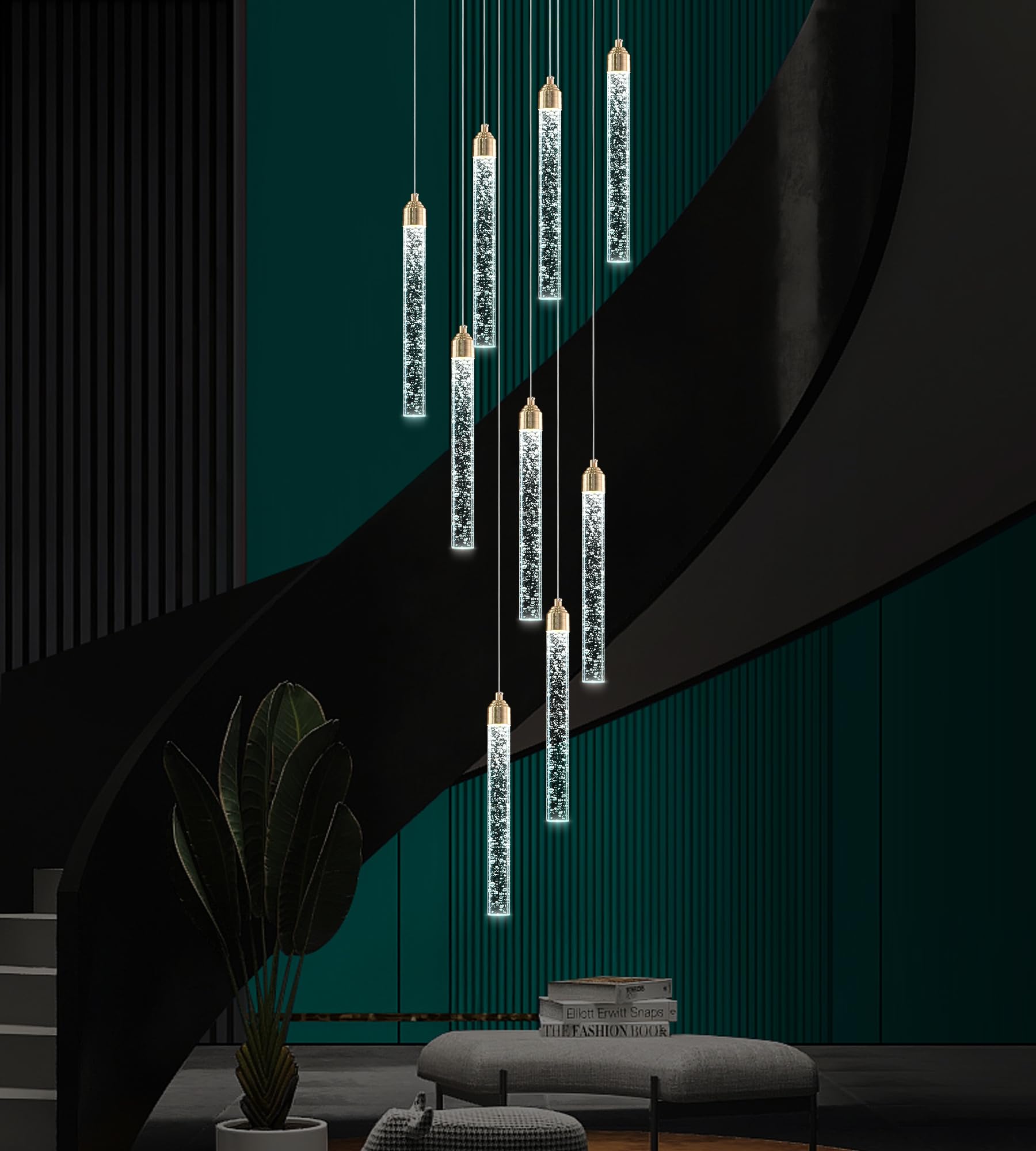 YwueChwu 9-Light Crystal Chandelier, Gold Aluminum, Dimmable LED, Model YWSC-G09-0116, Modern Spiral Design for Foyer Living Room