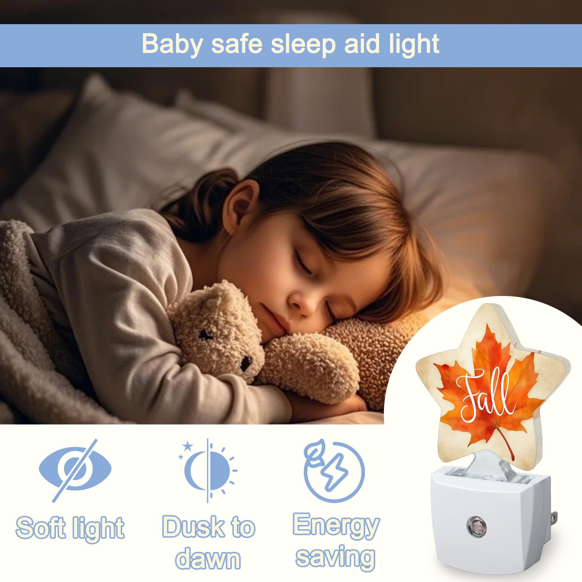Night Light Fall Maple Leaf Plug Into Wall With Dusk To Dawn Light Sensors Thanksgiving Day Warm Star Nightlights For Bedroom Bathroom Hallway Kitchen Home Decor Desk Lamp