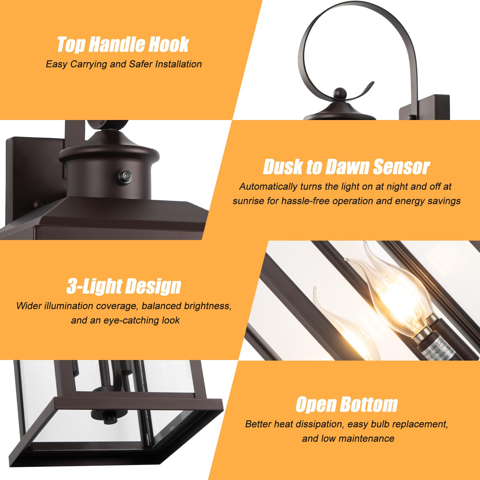 Siafavoi 24 Dusk To Dawn Outdoor Wall Sconce: Bronze Large Porch Light 3-Light Waterproof Modern Exterior Lighting Fixture Wall Mounted  Outside Lamp For House Garage E12