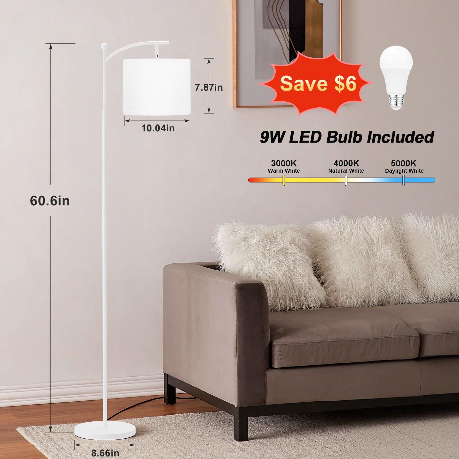 Ambimall 60'' Floor Lamps For Living Room & 3 Color Temperatures Bulb, White Lampshade & Foot Switch Included, Easy To Install,