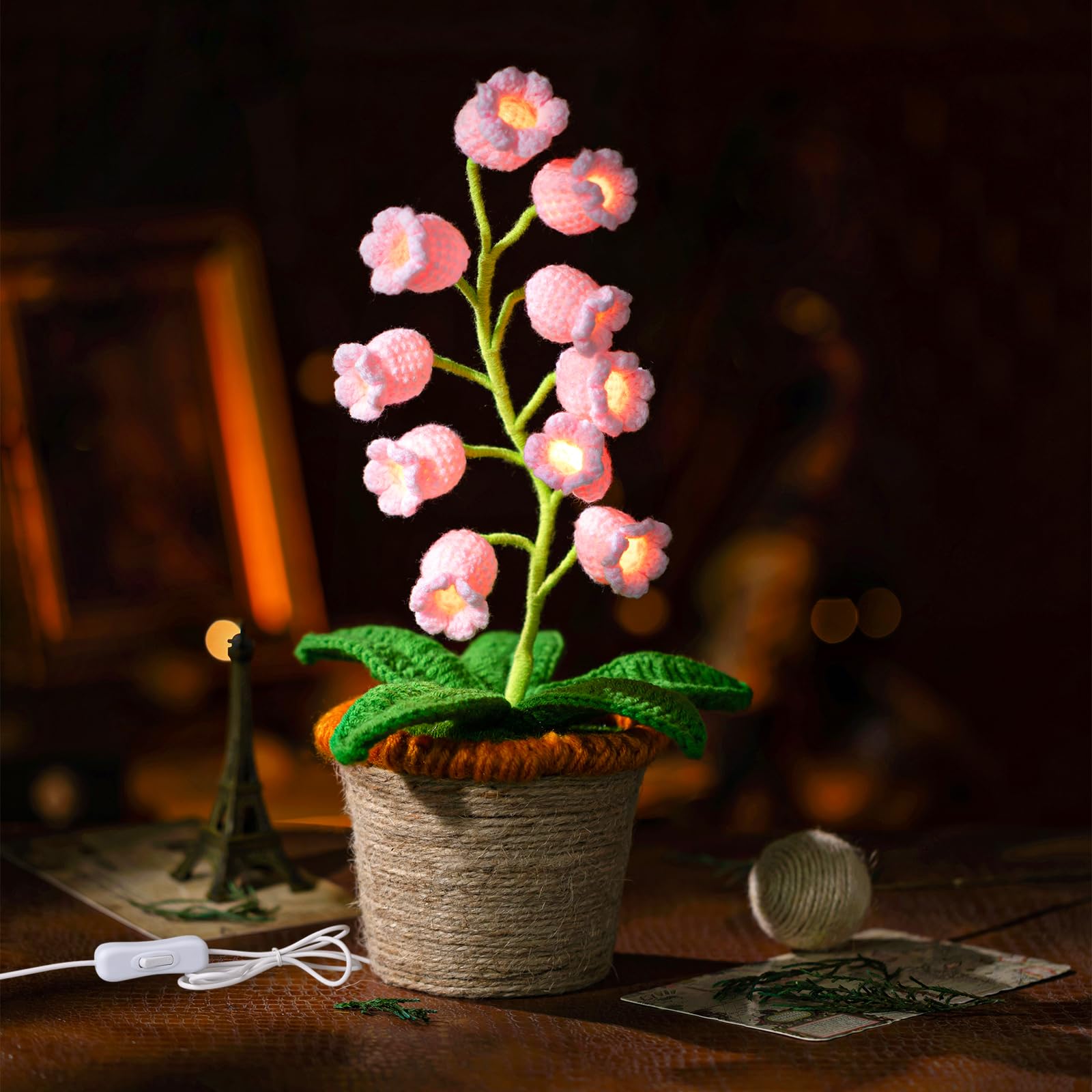 ANZRLE Lily of The Valley Lamp  Crochet Artificial Flowers with Night Lights  Cordless Table Lamp - Women Gift Ideas for Christmas Valentine Mothers Day  Desk Home Decorations (Pink USB line)