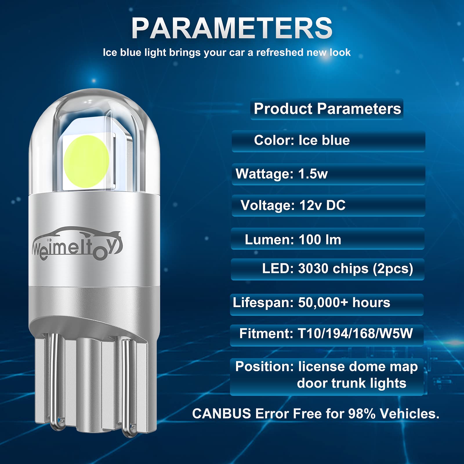 WEIMELTOY LED Car Bulb 194 168 175 2825 Ice Blue 12V 1.5W 12pcs/pack Wedge Light for License Plate & Clearance