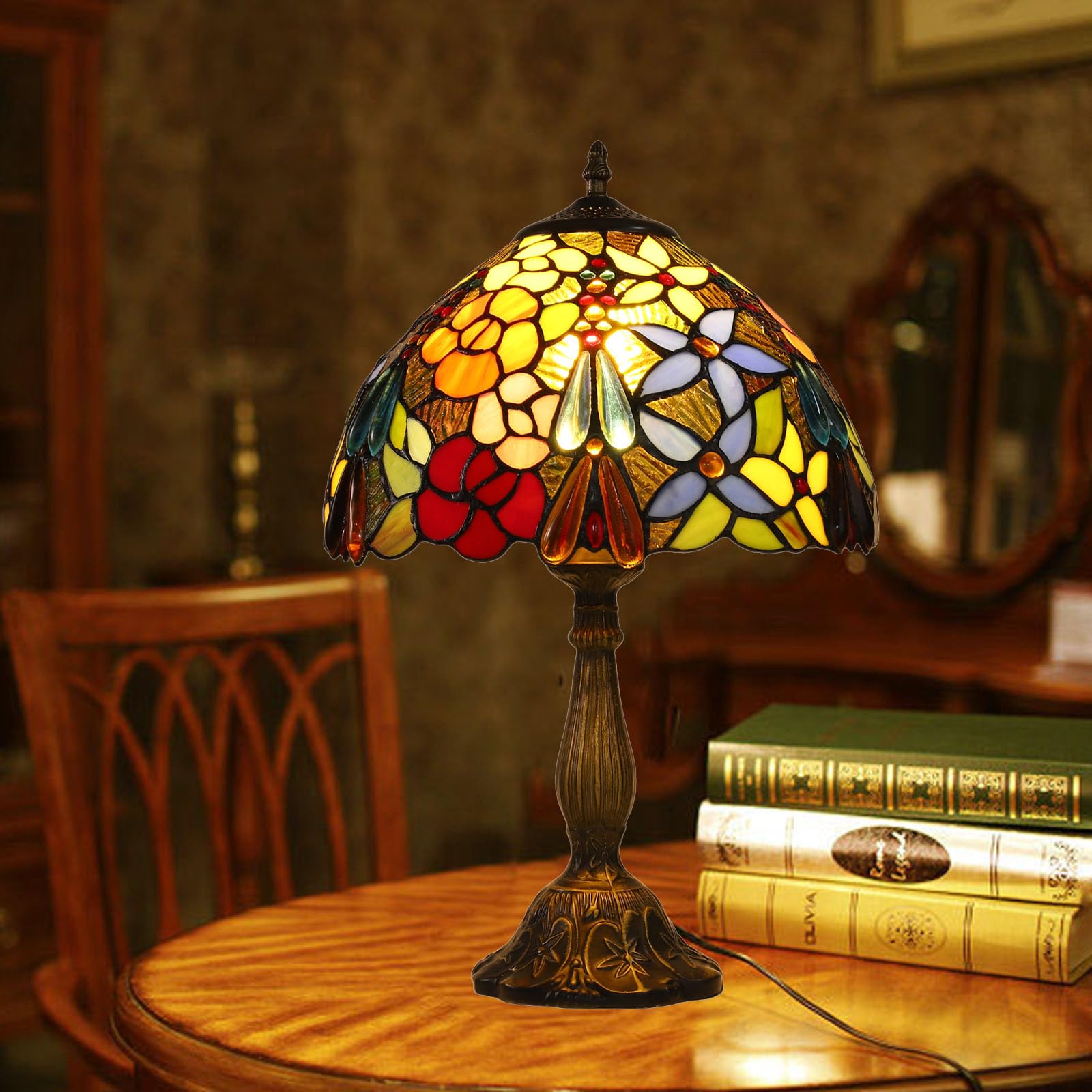 Tiffany Table Lamps For Bedroom Bedside Nightstand 12X1218 Inch Tall Rose Flower Grape Stained Glass Table Lamp For Living Room