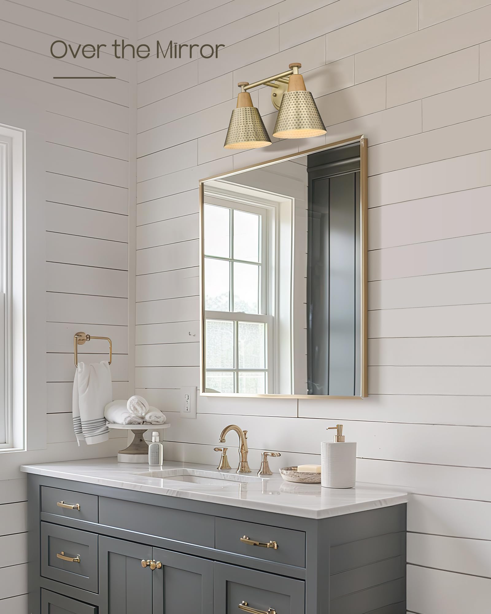 FEMILA 2-Light Bathroom Vanity Lights, Antique Brass Wall Sconces with Hammered Metal Shade