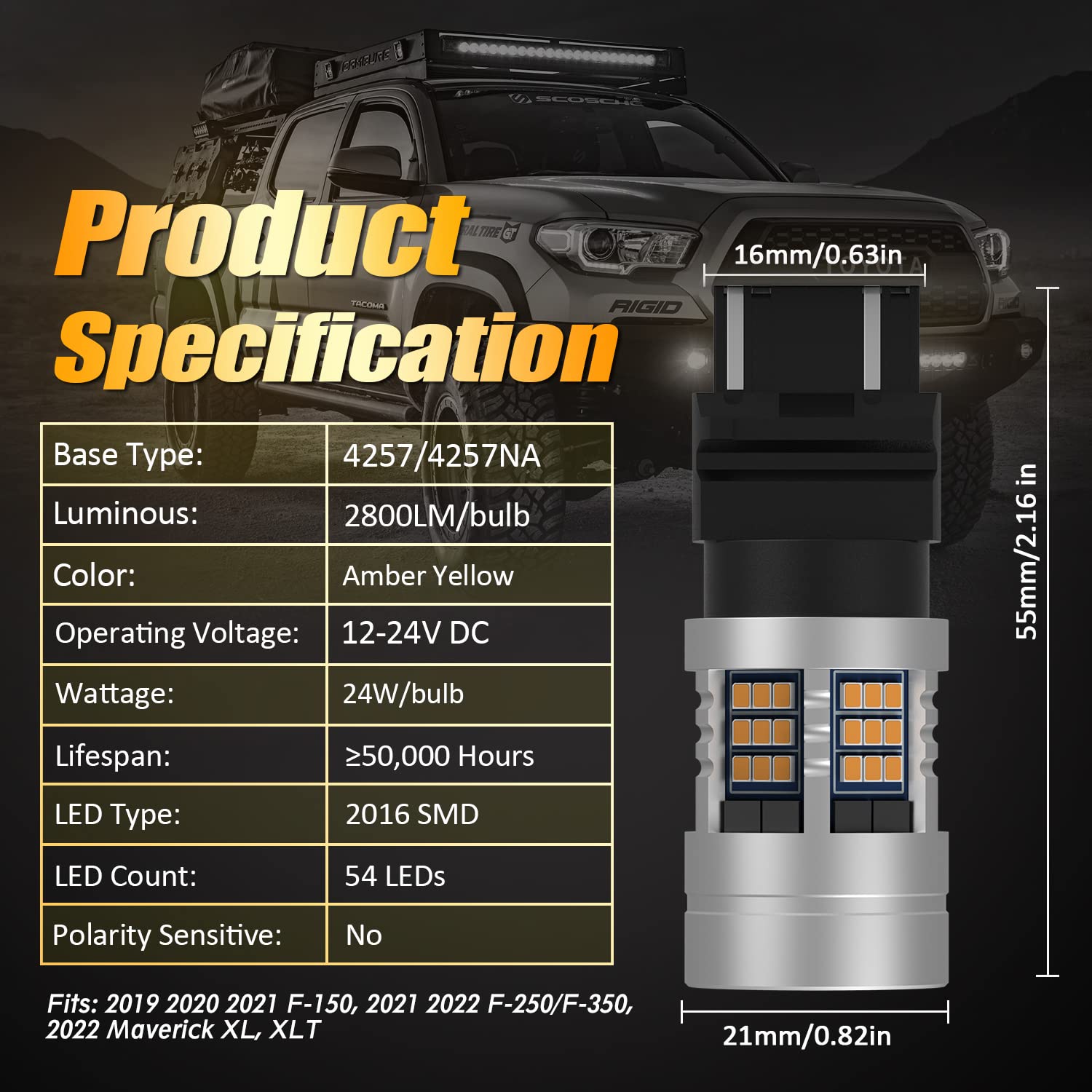 Lighsta 4257 4257Na Built In Resistor Anti Hyper Flash Led Bulbs Amber Yellow, Canbus Error Free Turn Signal Led Bulbs Compatible With 2019 2020 2021 F150 2022 Maverick Xl Xlt (Pack Of 2)