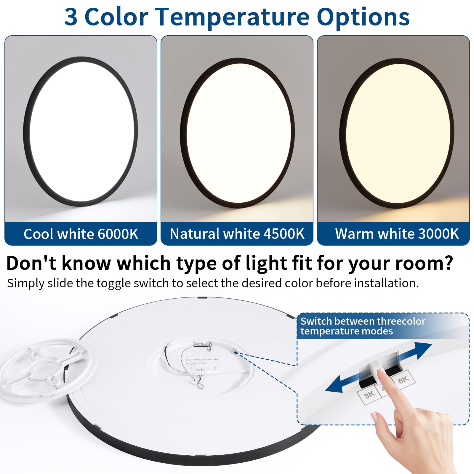 Glowall Modern 16'' Led Ceiling Light Fixture, Ultra Thin Flush Mount, Dimmable & 3000K/4500K/6000K Selectable, 28W 2800Lm, Blac
