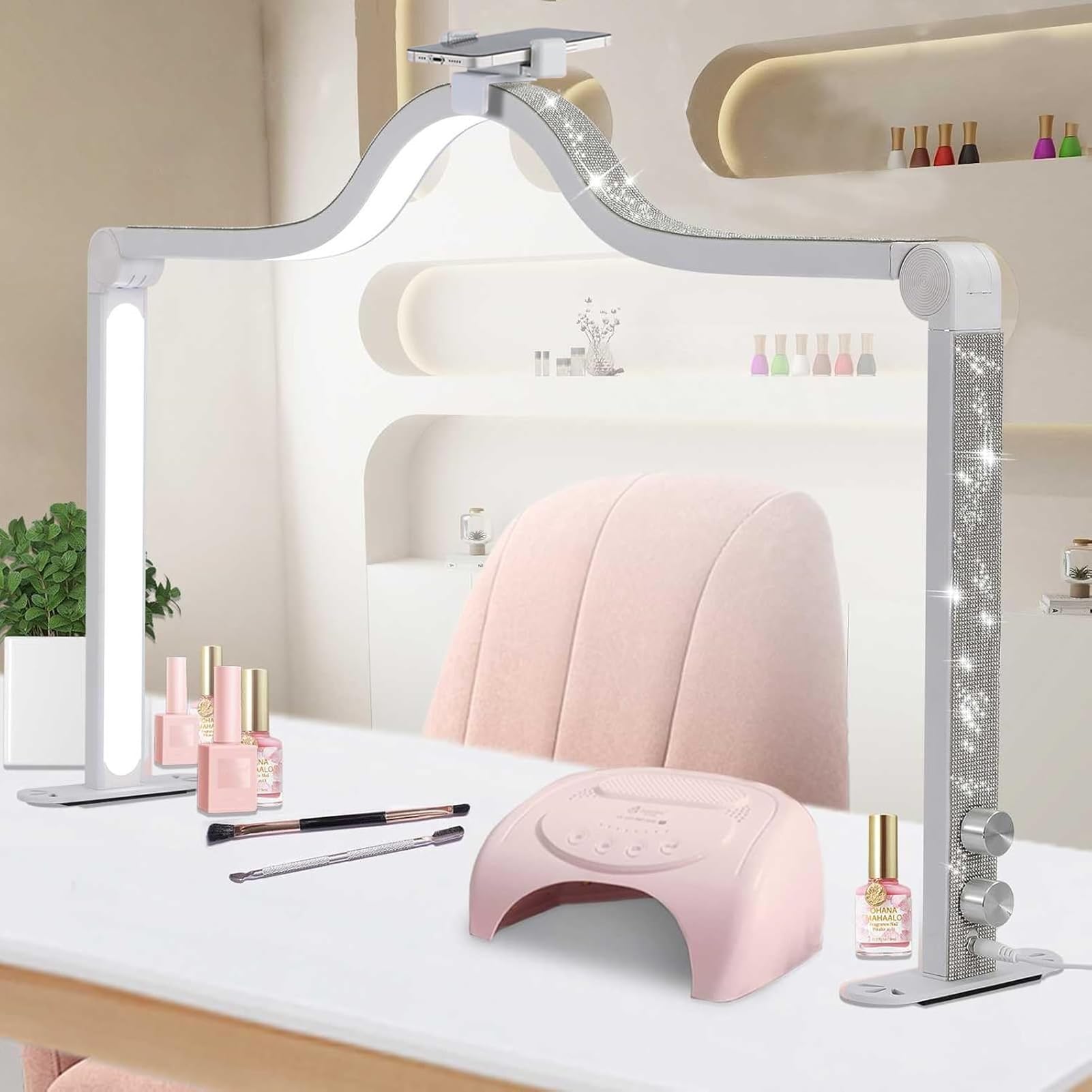 Half Moon Light for Nail Desk, 34.5In Foldable Square Nail Tech Lamp with Phone Holder, 3000-6000K Dimmable Half Moon Manicure L