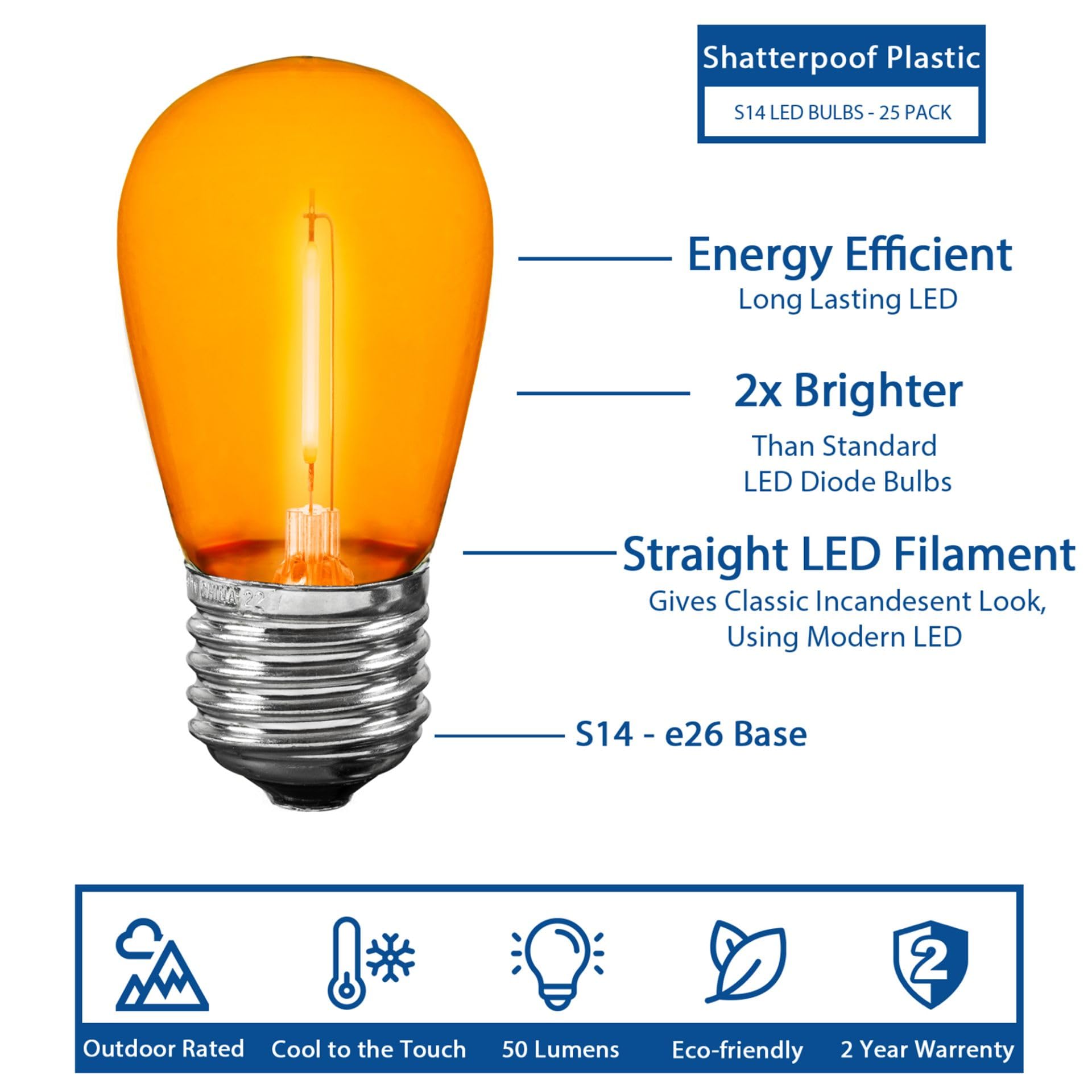 Novelty Lights S14 LED Replacement Bulbs, Shatterproof Plastic, 5 Pack, Orange, 30,000-Hour Lifespan