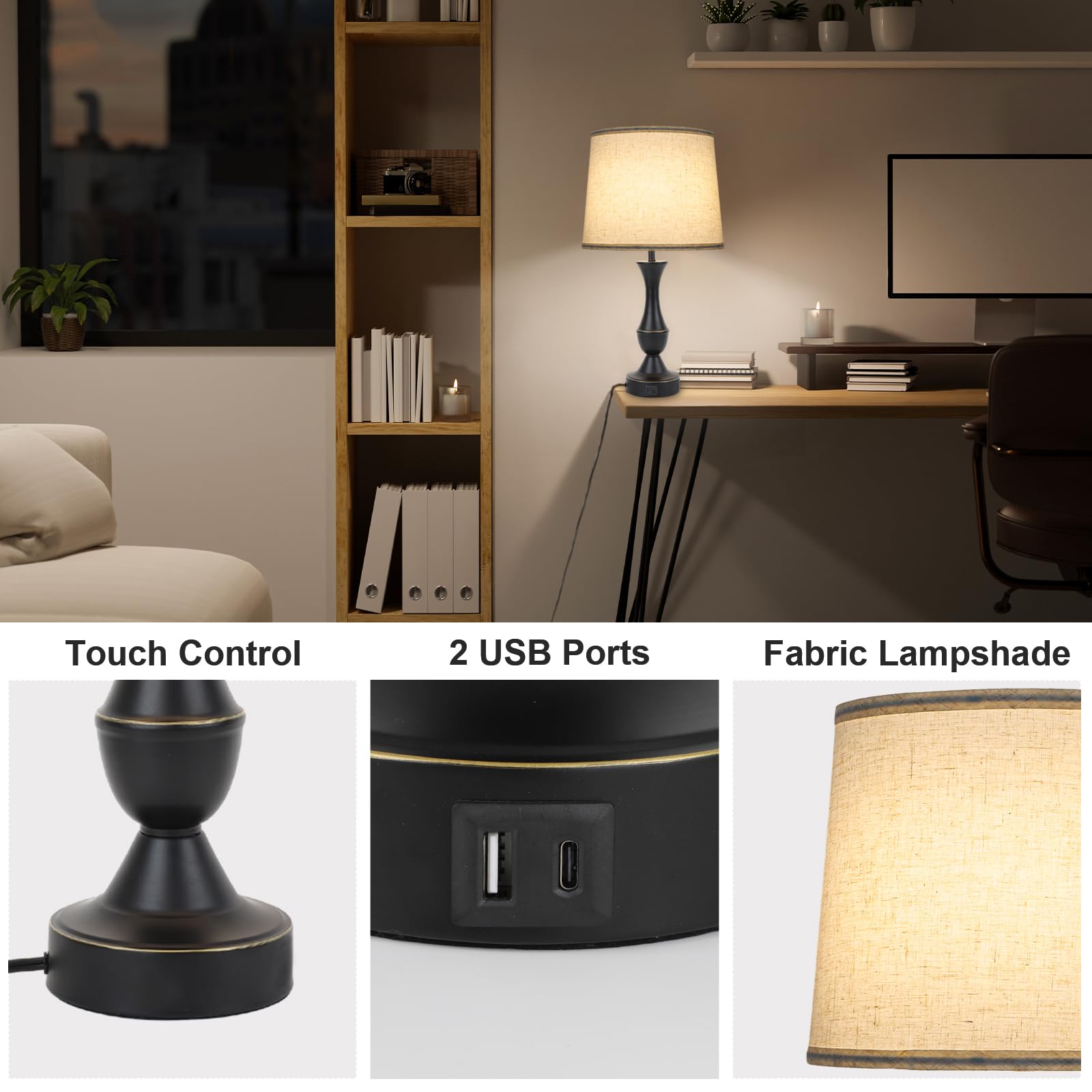 Touch Lamps For Bedrooms Set Of 2, Farmhouse Table Lamp With Usb C Charging Port, 3 Way Dimmable Nightstand Lamps With Linen Fab