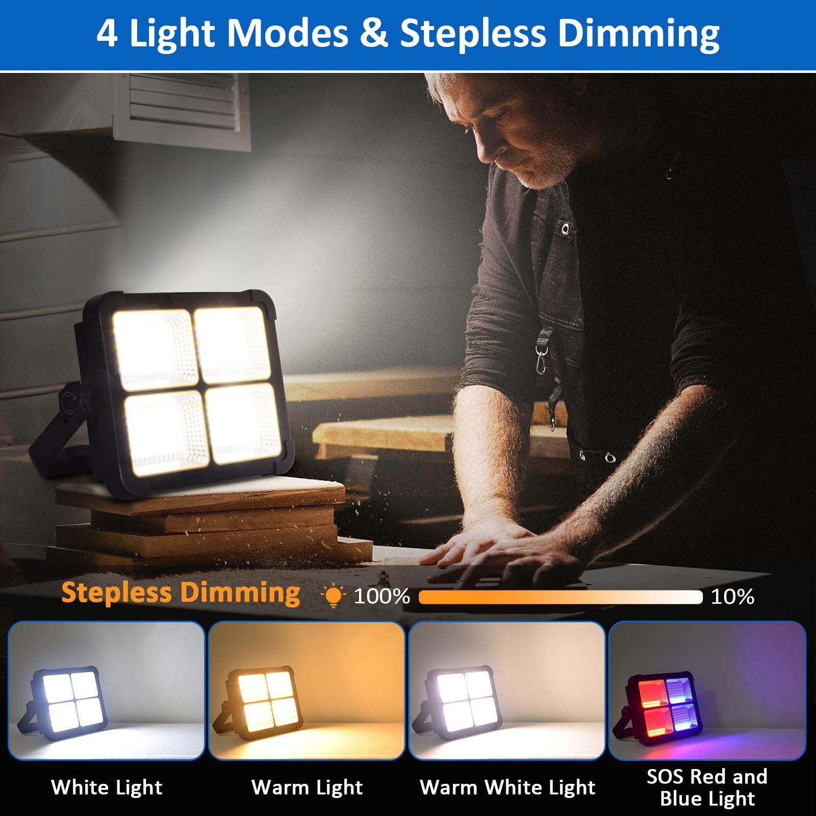 Rechargeable Work Light 100W, Solar Work Light 12000mAh, 4 Lighting Modes/Stepless Dimming, Portable for Camping, Car Repair, Po