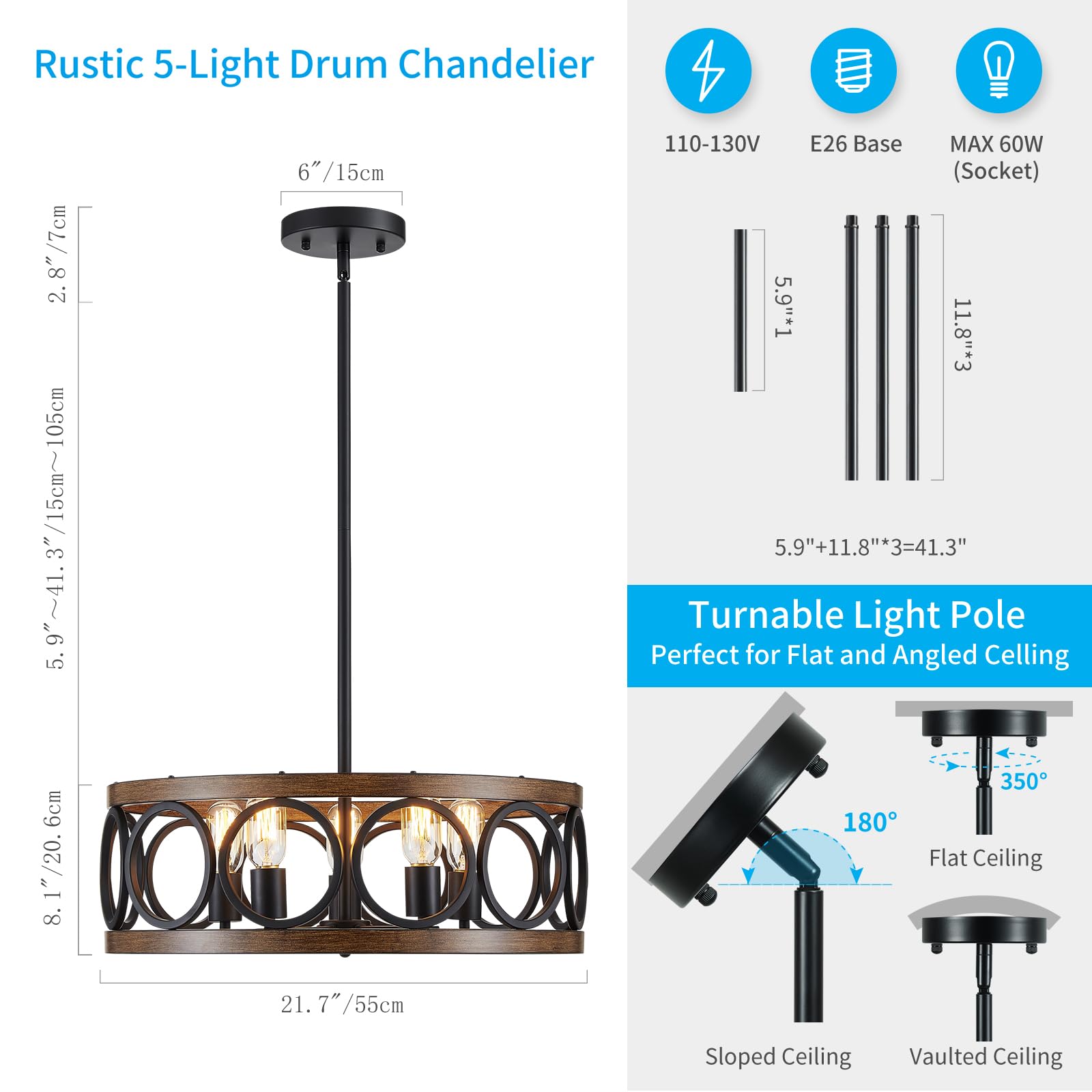 XINGQI Modern Chandelier 5 Lights Drum Pendant Lighting 21.7" Black Wood Grain Finish for Dining Room, Living Room, Bedroom