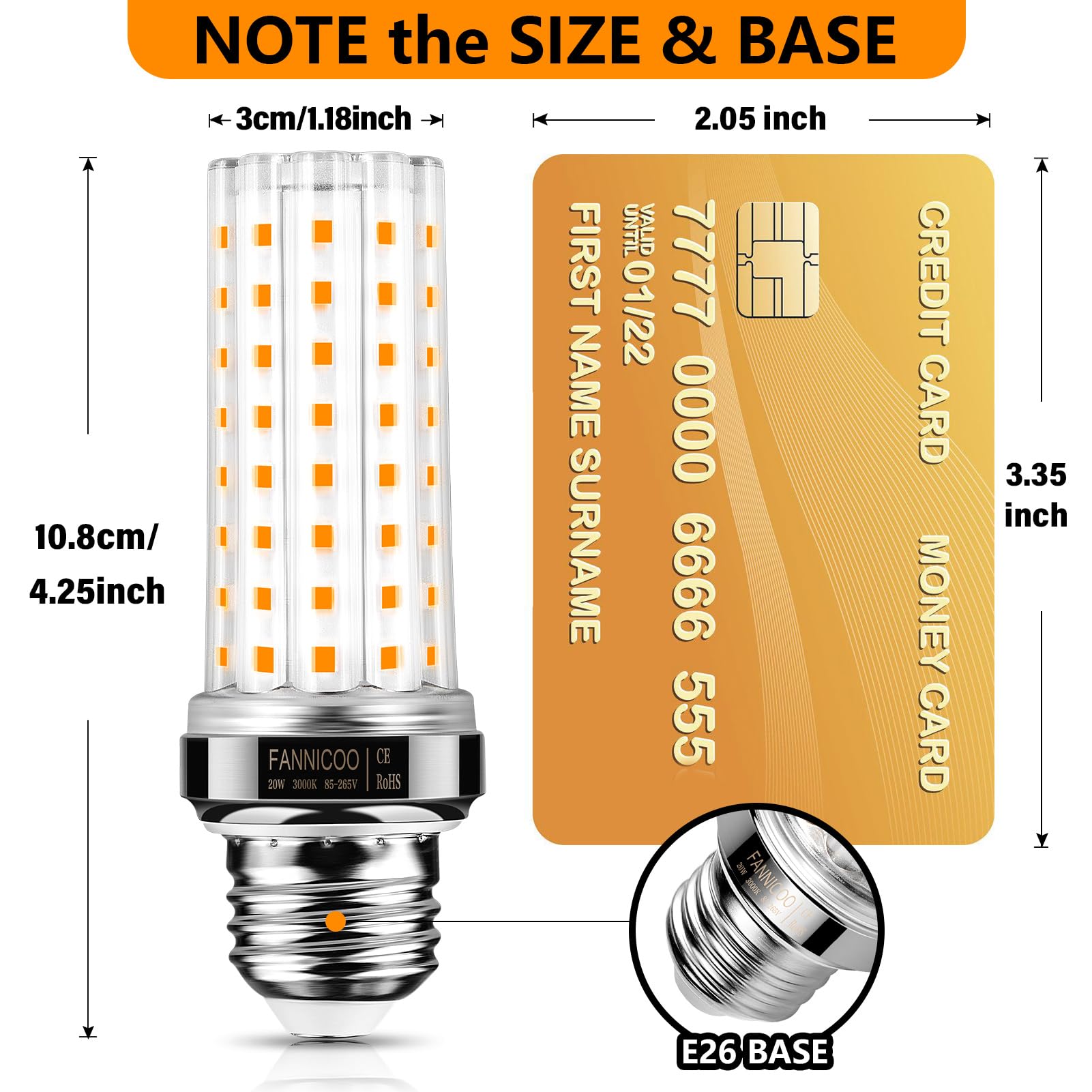 FanNicoo LED Corn Light Bulb 20W, 150W Equivalent, 2000 Lumen, E26 Base, Warm White, Non-Dimmable, Pack of 6