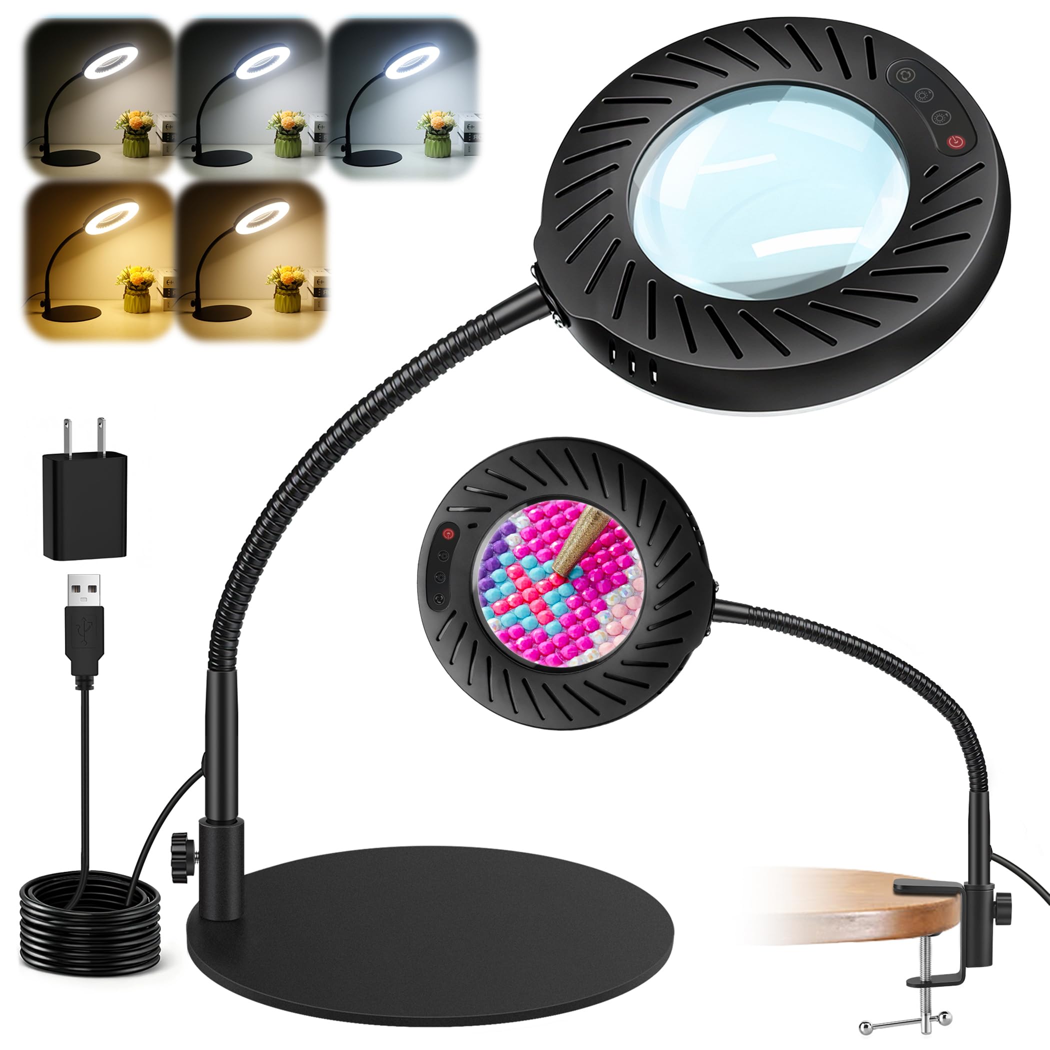 Akynite 12X Magnifying Glass with Light and Stand, 5 Color Modes 9 Levels Dimmable 144 LED Lighted Desk Lamp, Hands Free Magnifi
