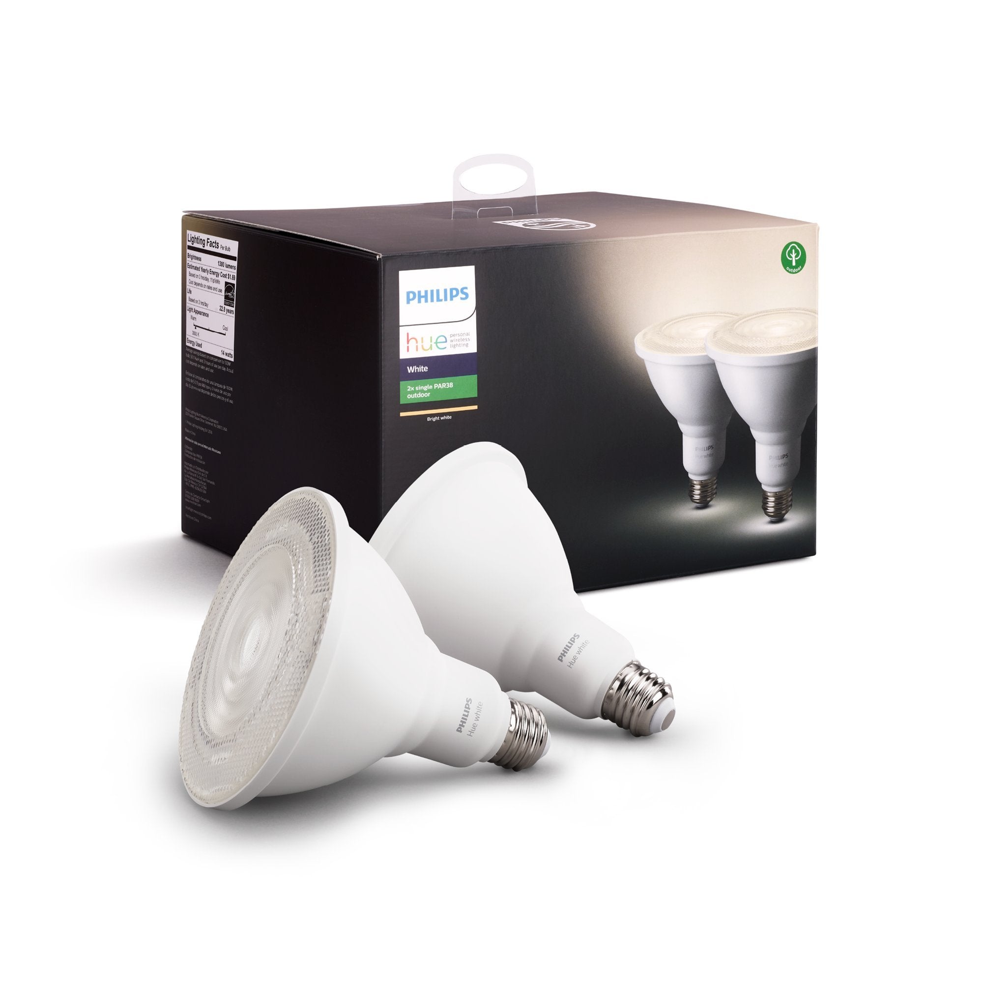 Philips Hue Smart PAR38 LED Bulb - Soft Warm White Light - 2 Pack - 1300LM - E26 - Outdoor - Weatherproof - Control with Hue App