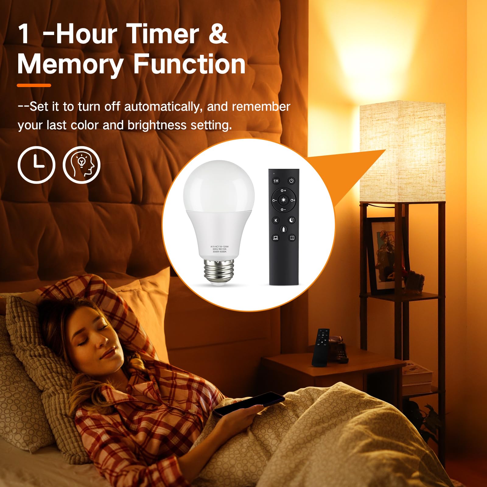 OUTON A19 LED Light Bulb, 9W Dimmable 3000K-6000K, E26 Base, Remote Control, White, 810 LM, Ideal for Living Room