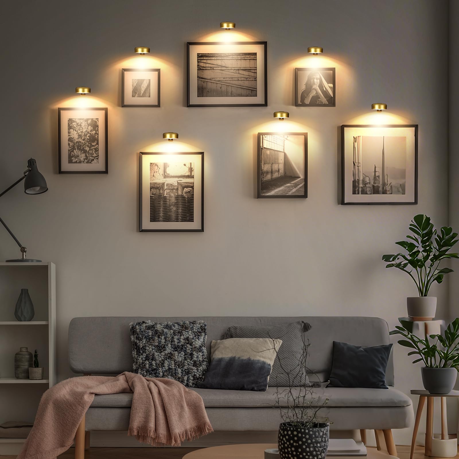 Arixinks 6-Pack Rechargeable Wall Picture Light with Remote, Dimmable LED, Gold, Model 4r