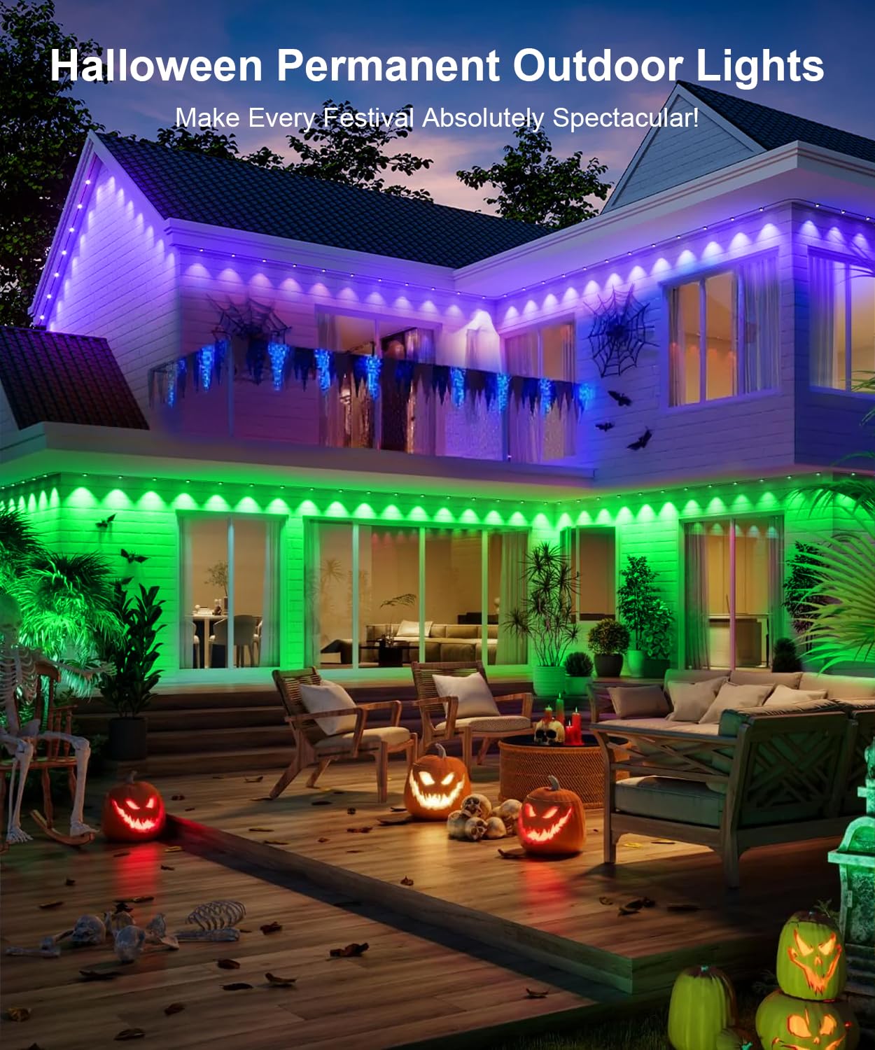 Fussion 150ft RGB Outdoor Lights - Smart Waterproof Eaves Lighting with APP Control for Christmas, Halloween, Holiday - White, Model LX20250312-60M