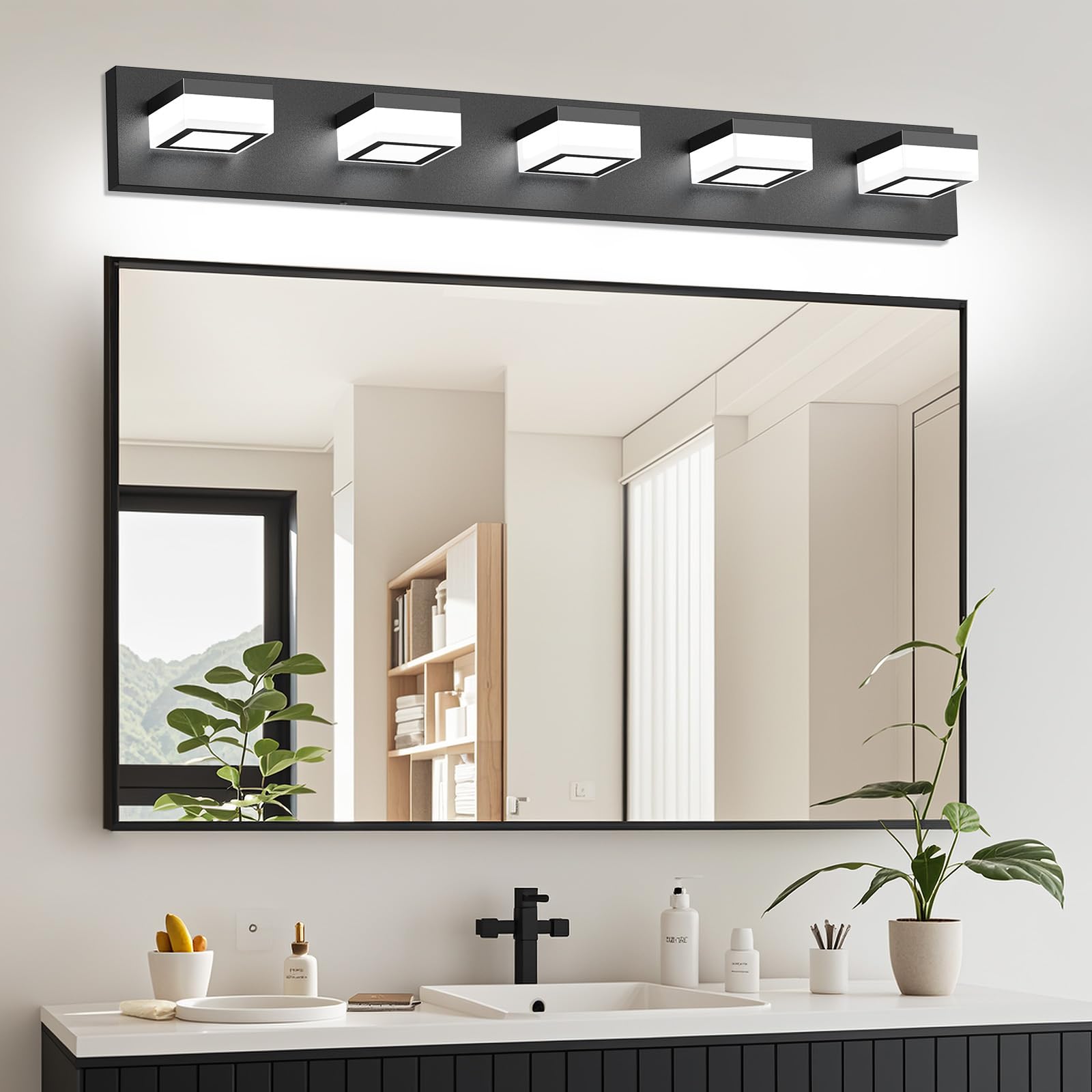 Izorro Led Modern Bathroom Lighting Fixtures Over Mirror (5-Light  40 Inch  Dimmable) Matte Black Bathroom Vanity Light Fixture With 360Rotatable Head (Cool White 6000K)